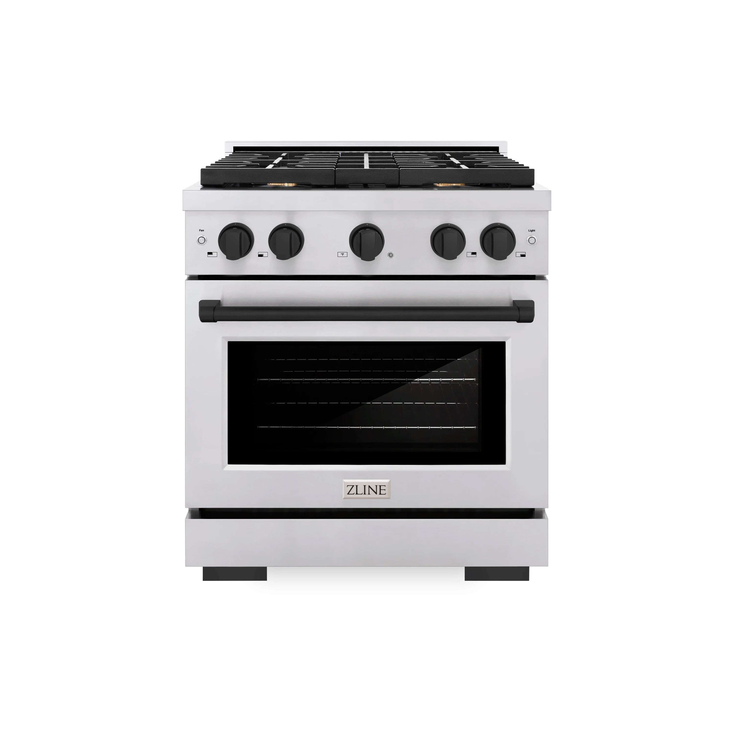 Stainless steel gas range with matte black knobs, oven door, and burner grates