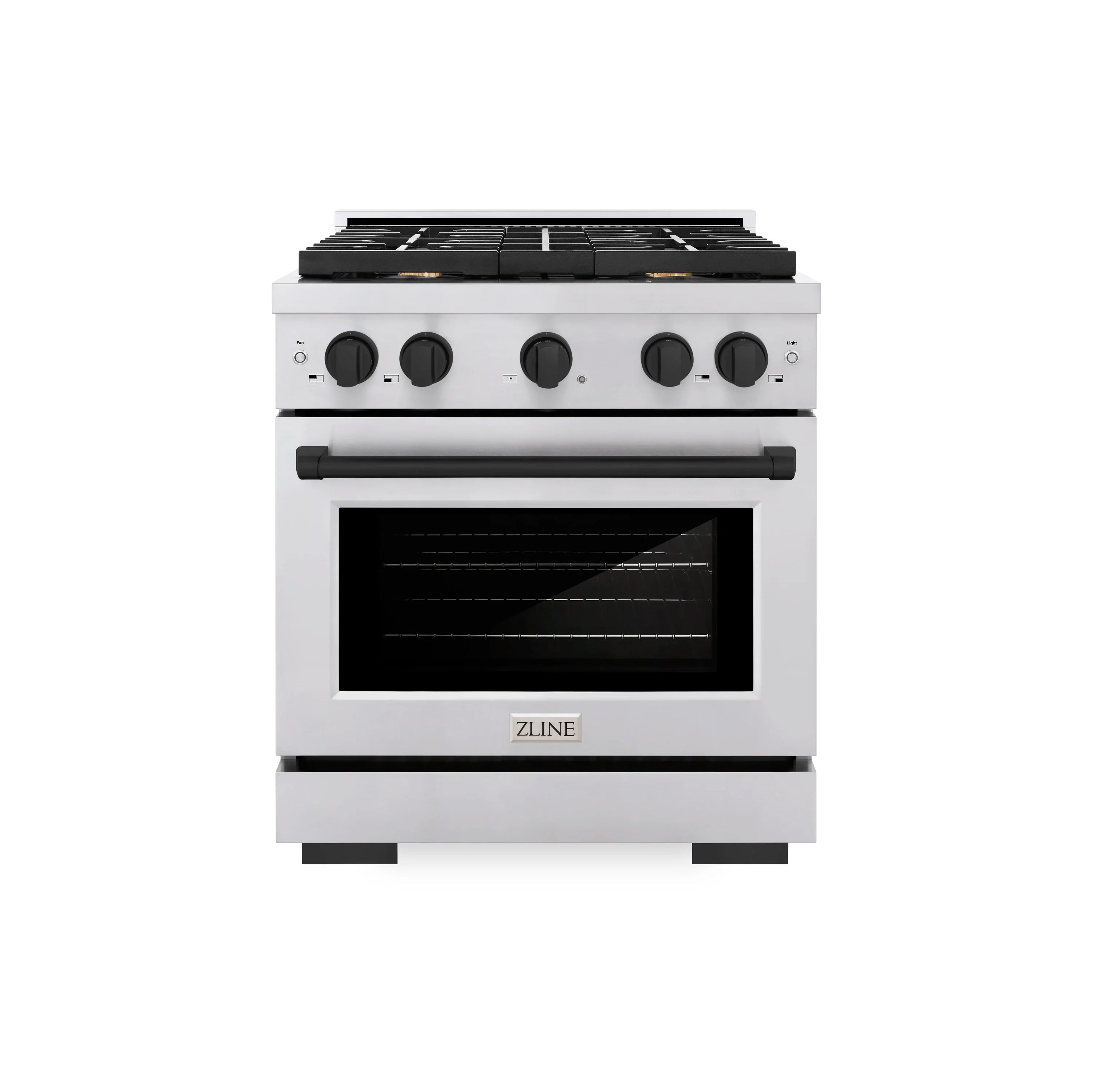 Stainless steel gas range with open oven door and four black control knobs