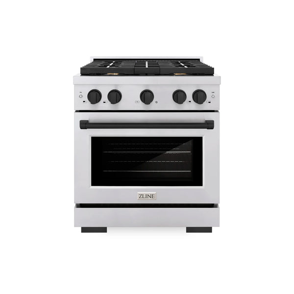 ZLINE Autograph Edition 30-Inch Gas Range with 4 Gas Burners and 4.2 cu. ft. Convection Gas Oven in Stainless Steel and Matte Black Accents (SGRZ-30-MB)