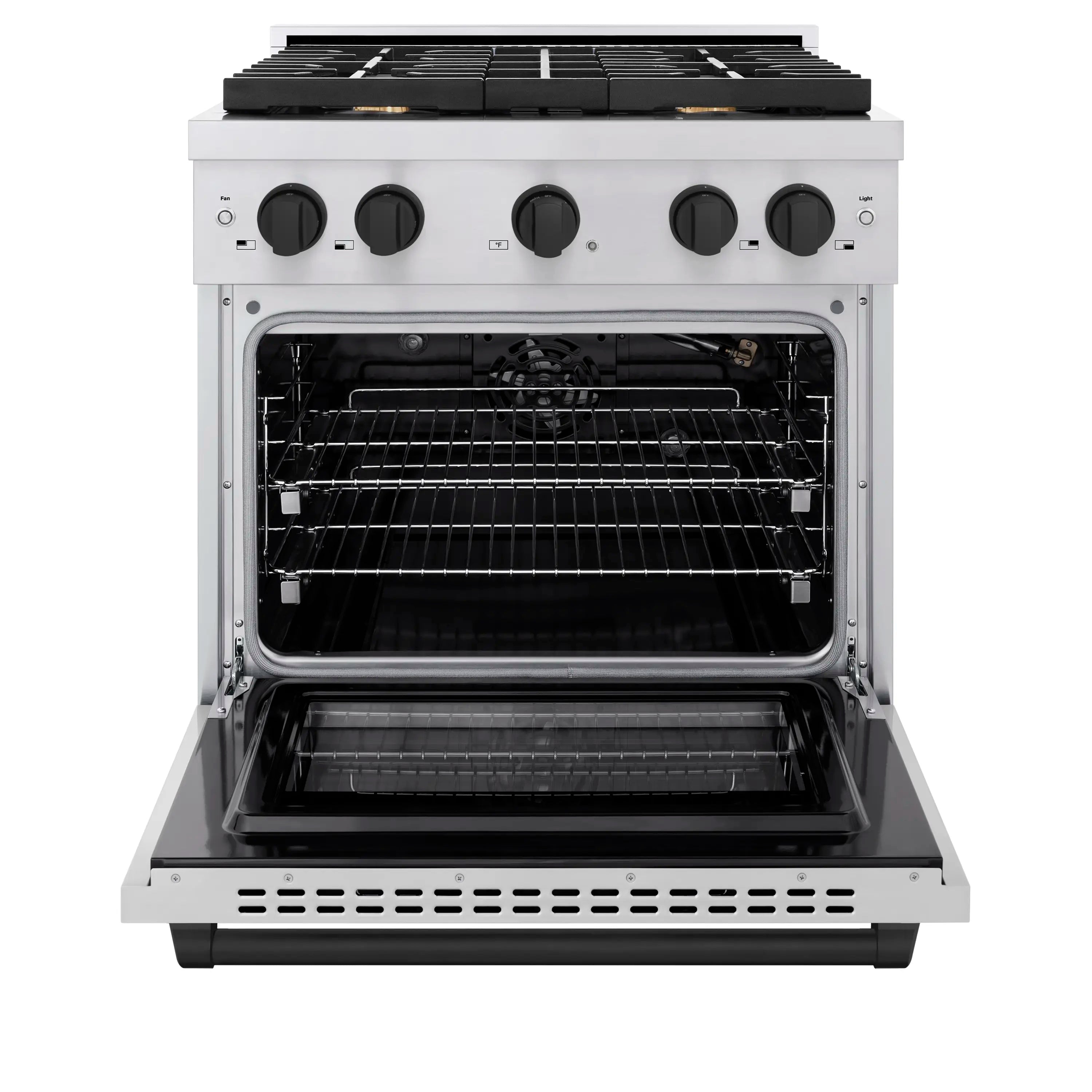 Stainless gas range with open convection oven, racks, and matte black burner controls