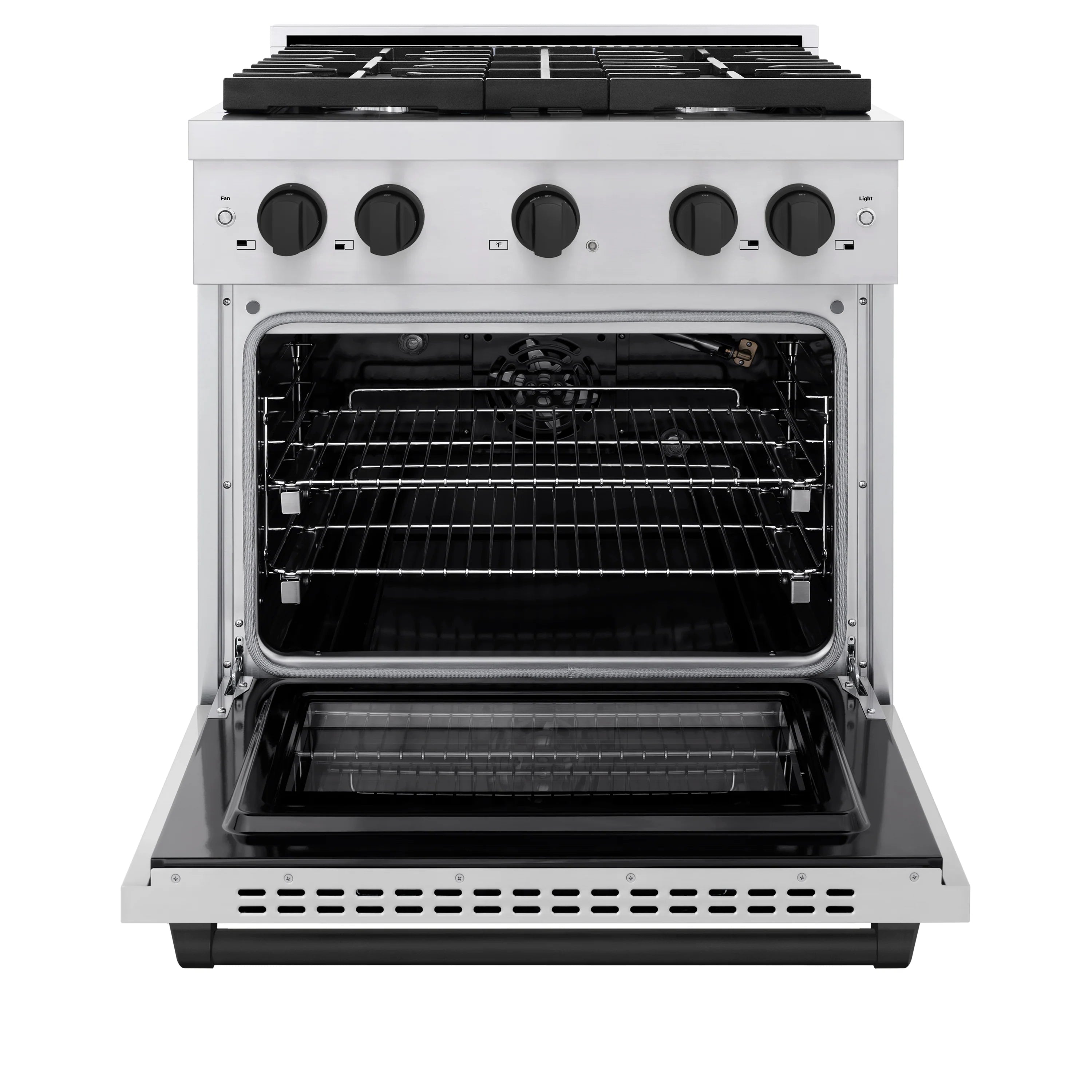 Open stainless gas range oven door with inner racks and baking surface