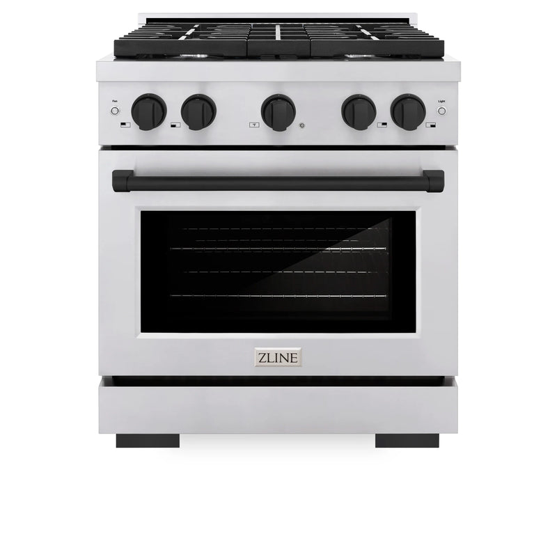 ZLINE Autograph Edition 2-Piece Appliance Package - 30-Inch Gas Range and Wall Mounted Range Hood in Stainless Steel with Matte Black Trim (2AKP-RGRH30-MB)