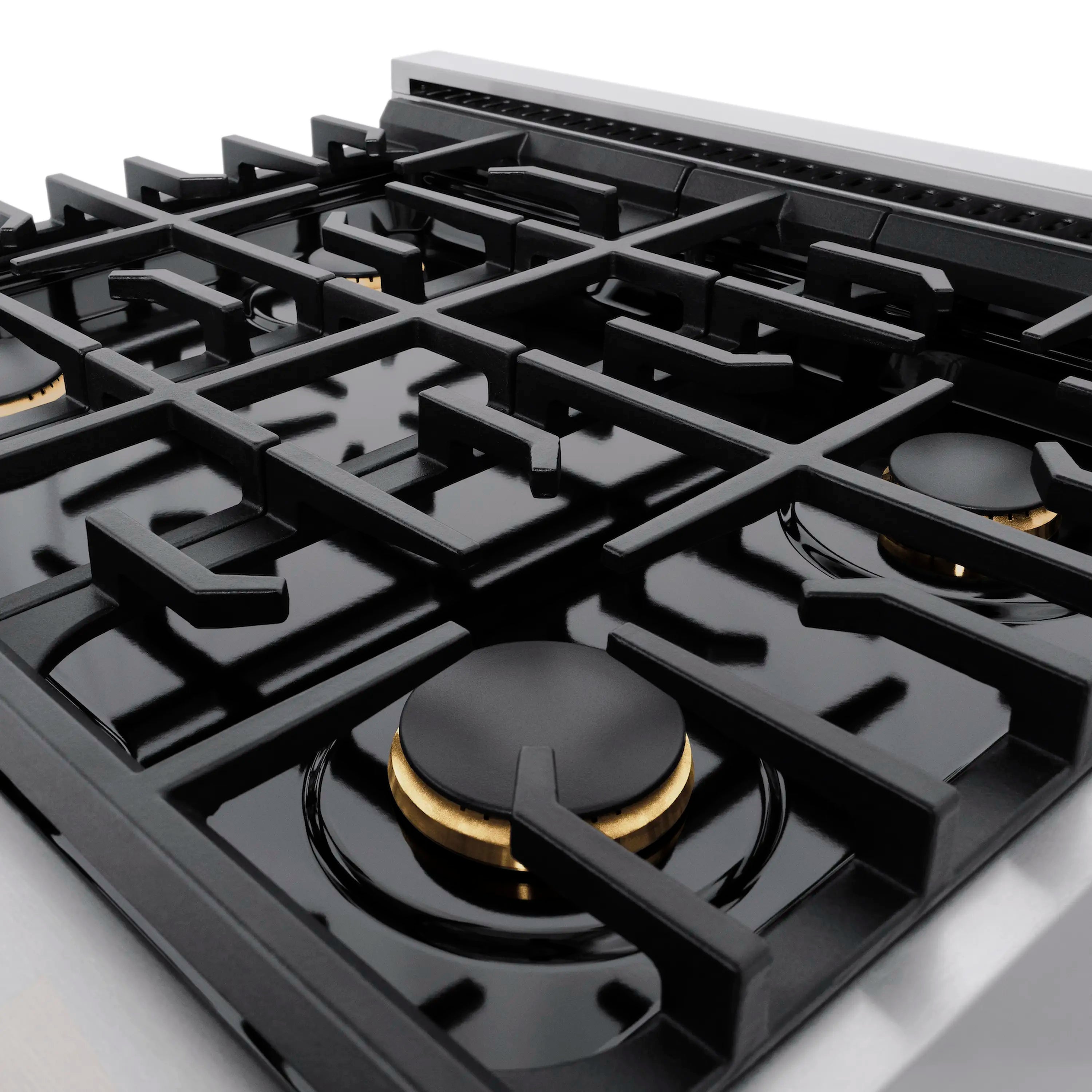 Matte black burner grates and four gas burner caps on stainless cooktop