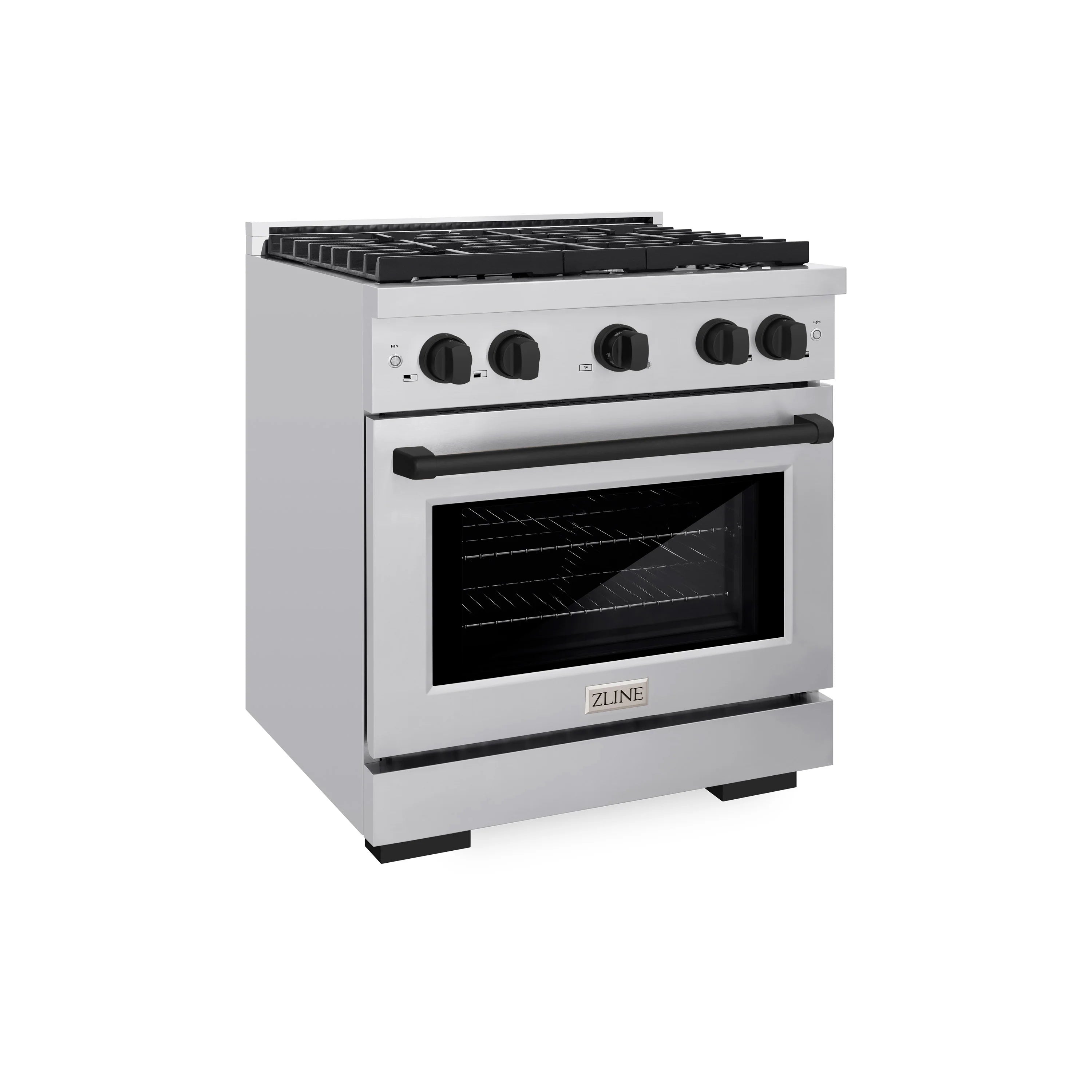 30-inch freestanding gas range with matte black handle, oven window, and control panel