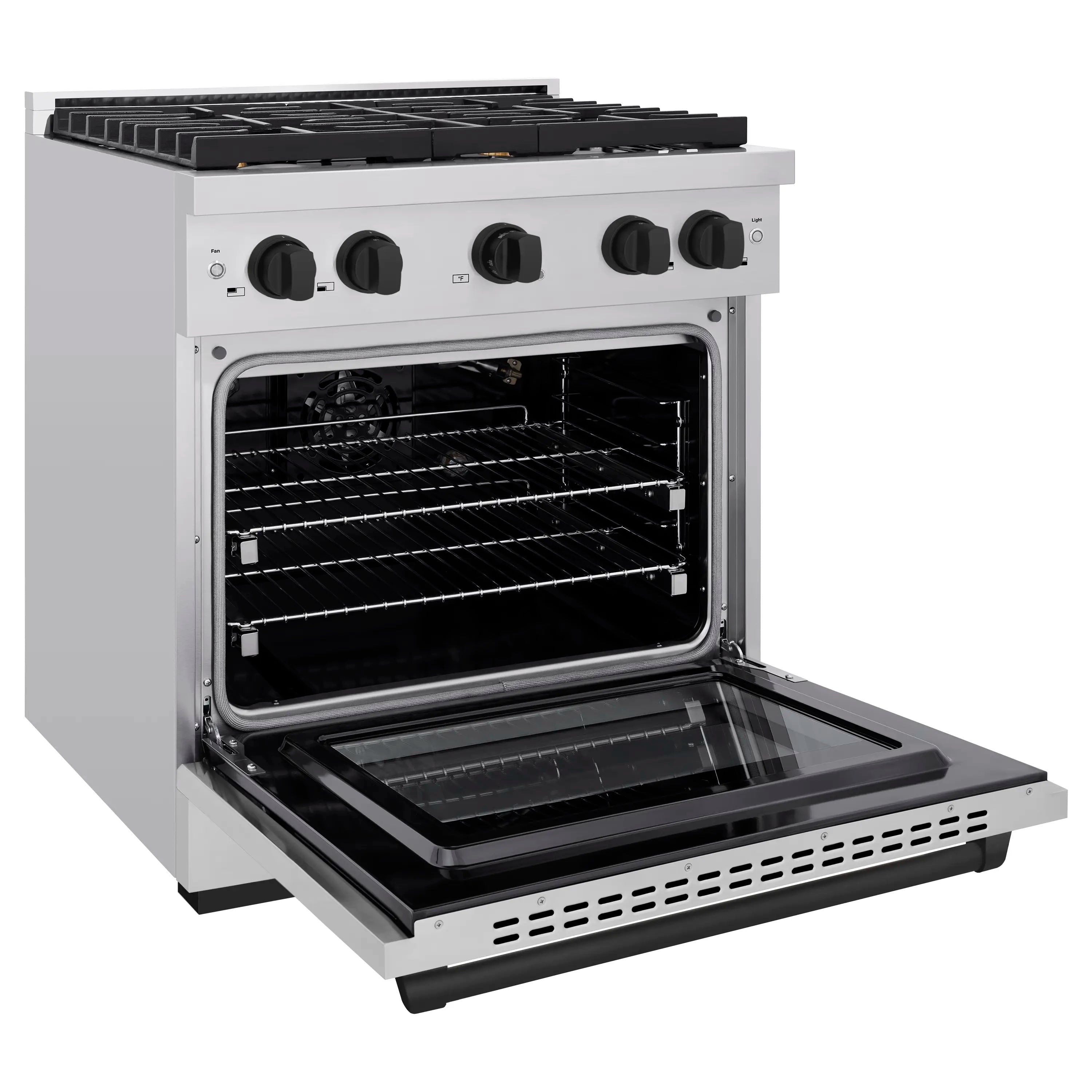 Stainless gas range with open oven door, baking rack, and matte black burner top