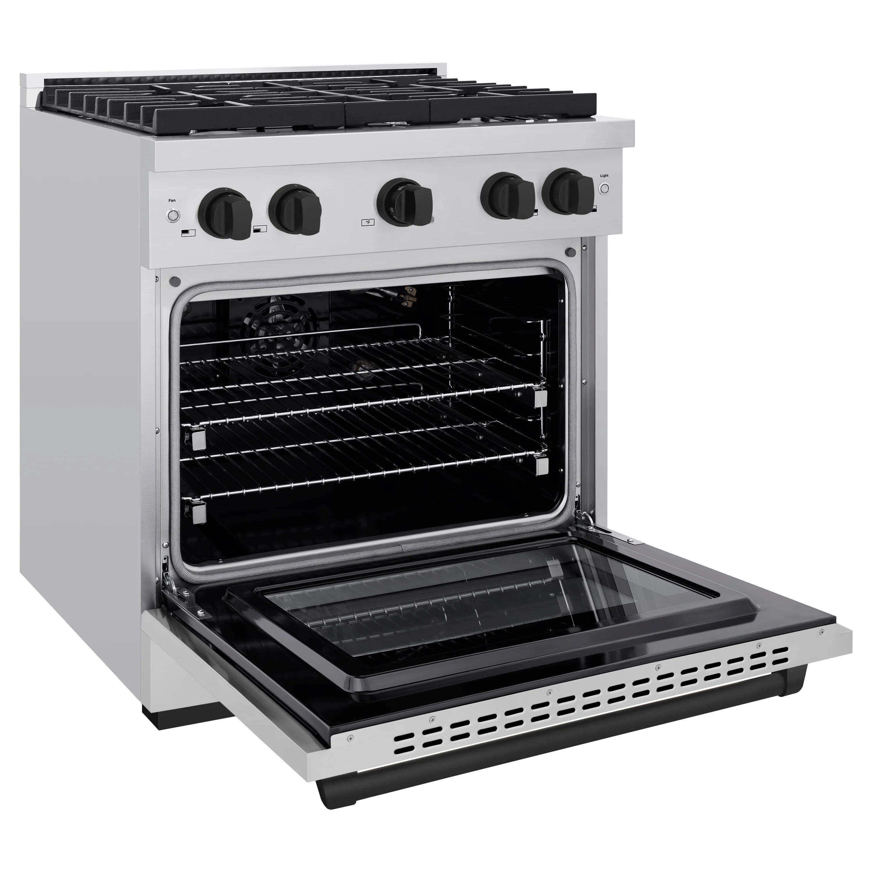 White gas range with open oven door and black bake tray