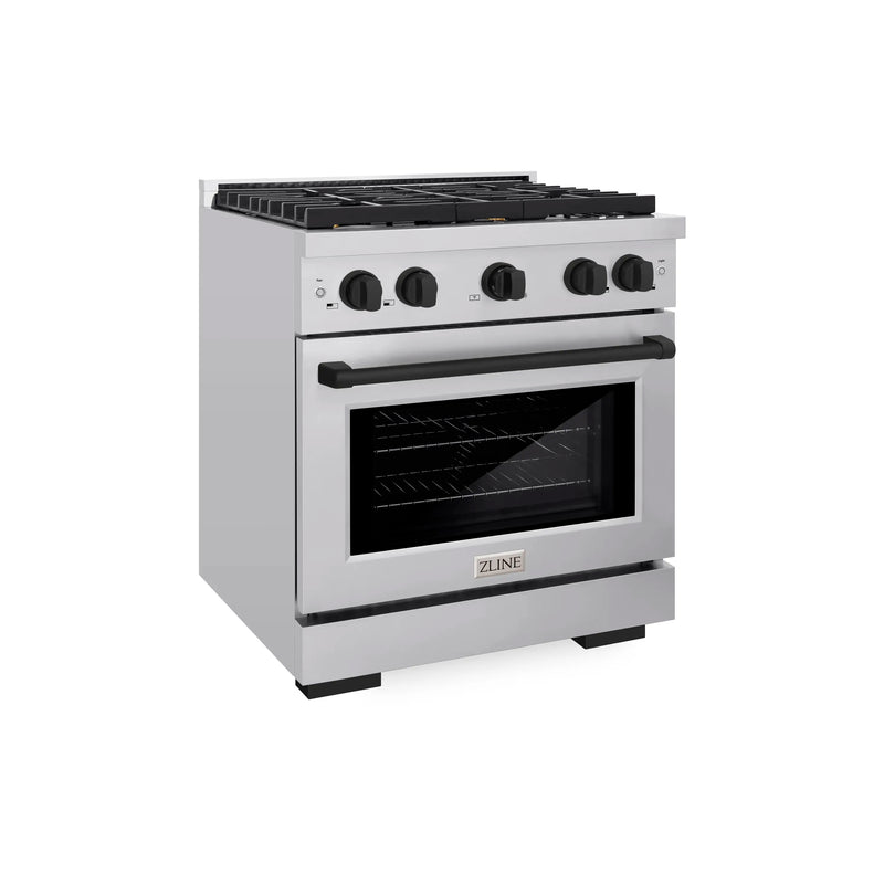 ZLINE Autograph Edition 30-Inch Paramount Gas Range with 4 Gas Burners and 4.2 cu. ft. Convection Gas Oven in Stainless Steel and Matte Black Accents (SGRZ-30-MB)