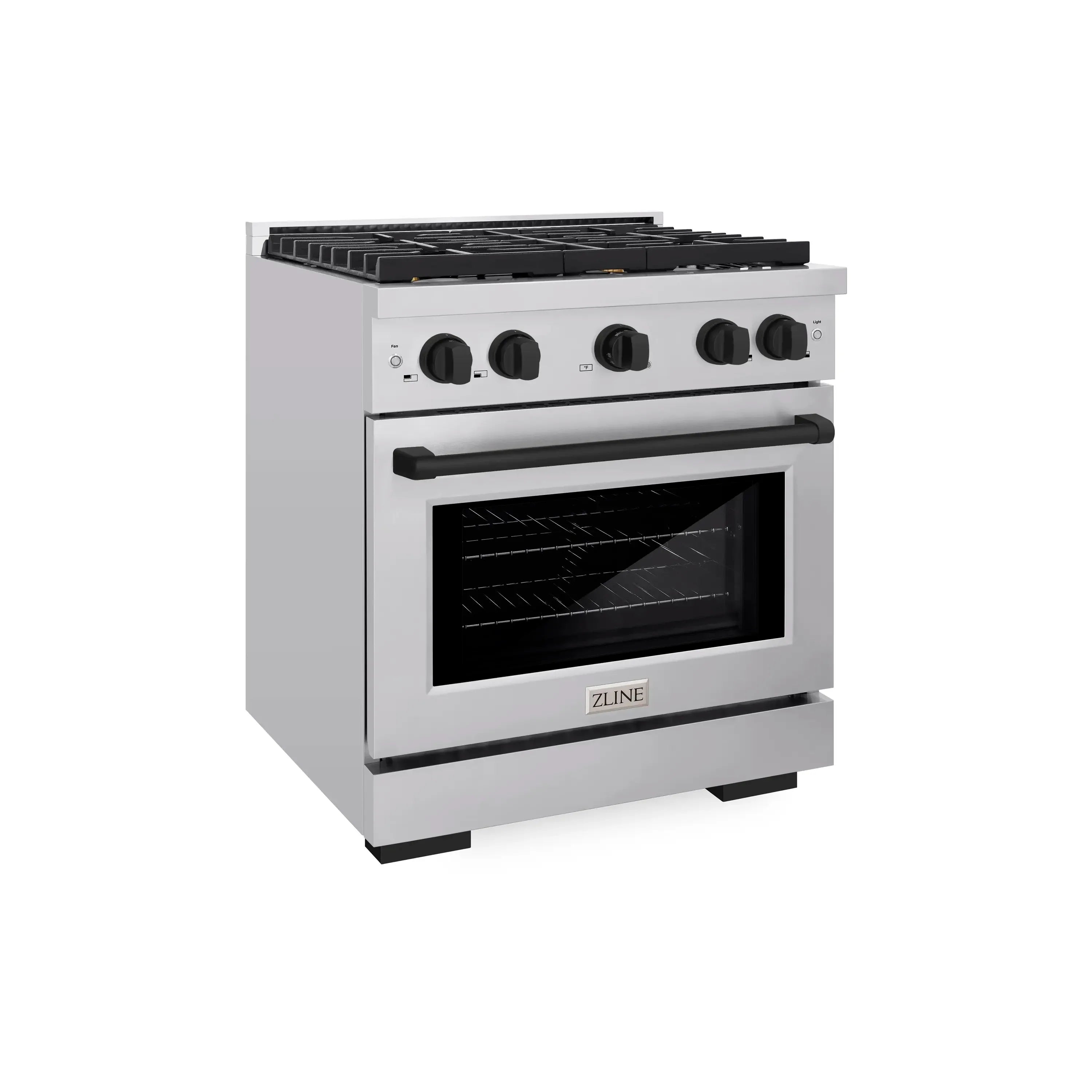 Stainless steel gas range with black cooktop grates, knobs, and oven door