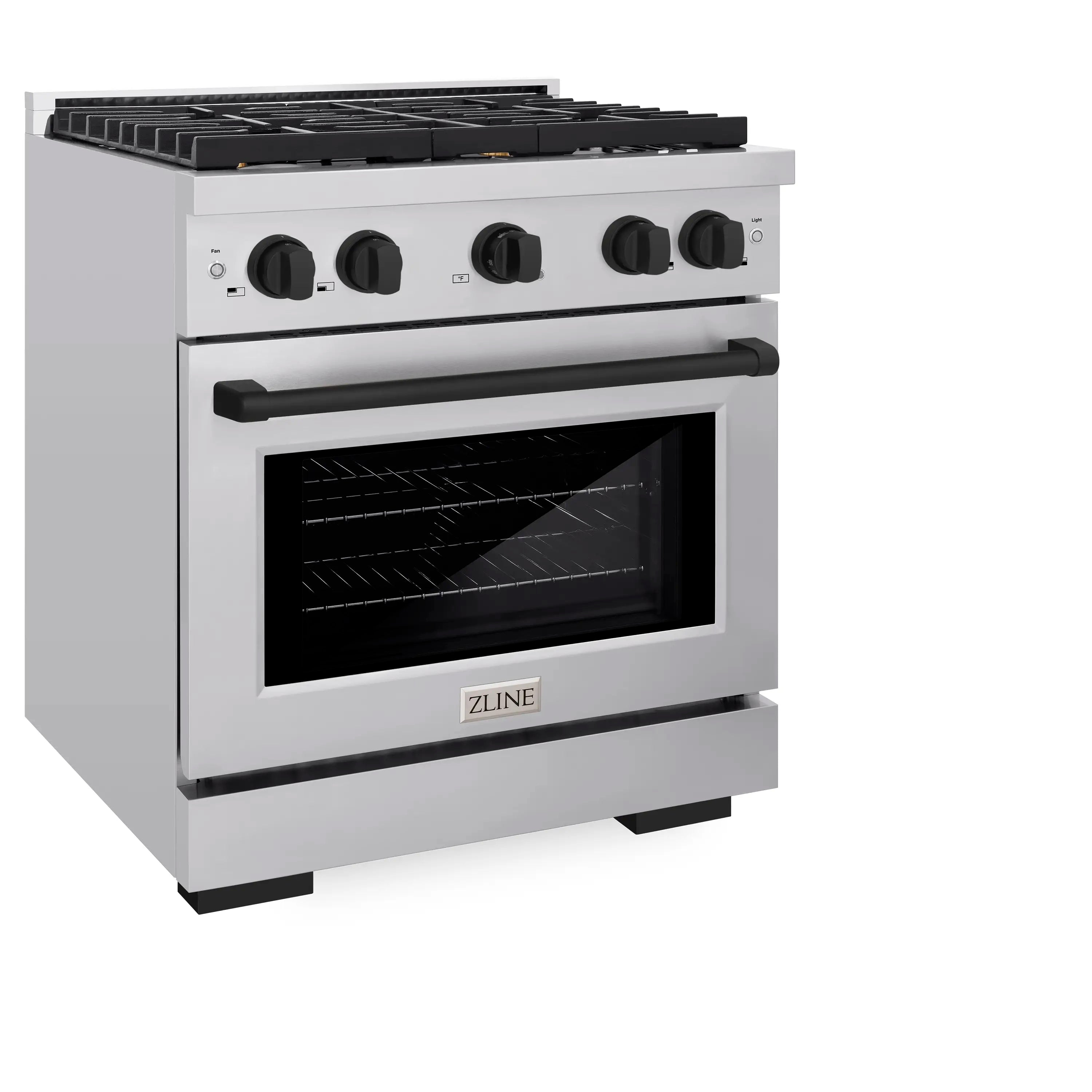 Stainless gas range with matte black oven window and black control knobs