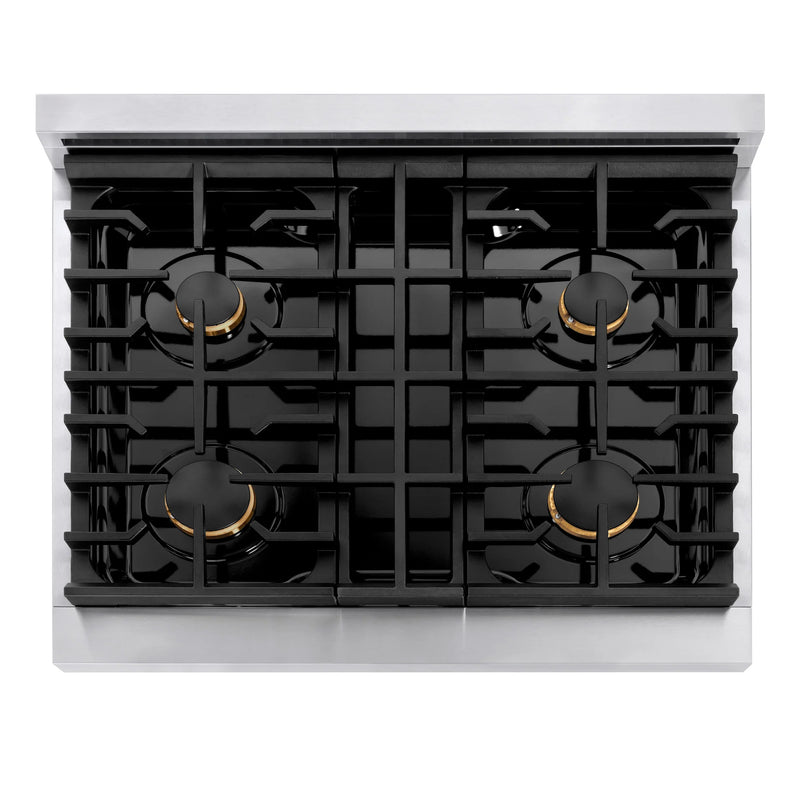 ZLINE Autograph Edition 2-Piece Appliance Package - 30-Inch Gas Range and Wall Mounted Range Hood in Stainless Steel with Matte Black Trim (2AKP-RGRH30-MB)