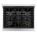 ZLINE 5-Piece Appliance Package - 30-Inch Paramount Autograph Gas Range, Wall Mount Range Hood, 36-Inch French Door Refrigerator with Water Dispenser, Dishwasher, and 30-Inch Microwave Drawer in Stainless Steel with Matte Black Accents