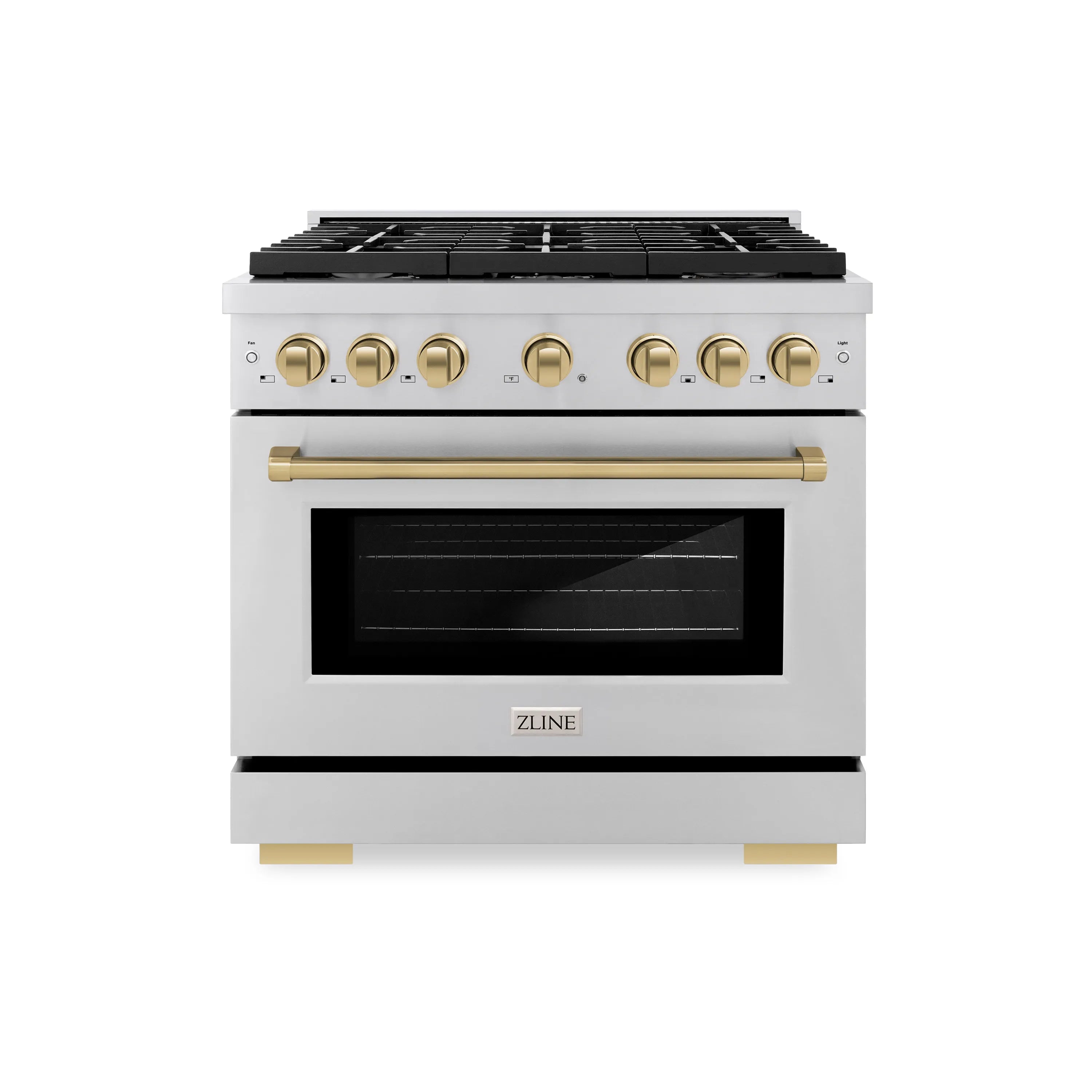 Stainless gas range with champagne bronze knobs and black oven door window