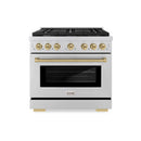ZLINE 5-Piece Appliance Package - 36-Inch Paramount Autograph Gas Range, Wall Mount Range Hood, 36-Inch French Door Refrigerator with Water Dispenser, Dishwasher, and 30-Inch Microwave Drawer in Stainless Steel with Champagne Bronze Accents