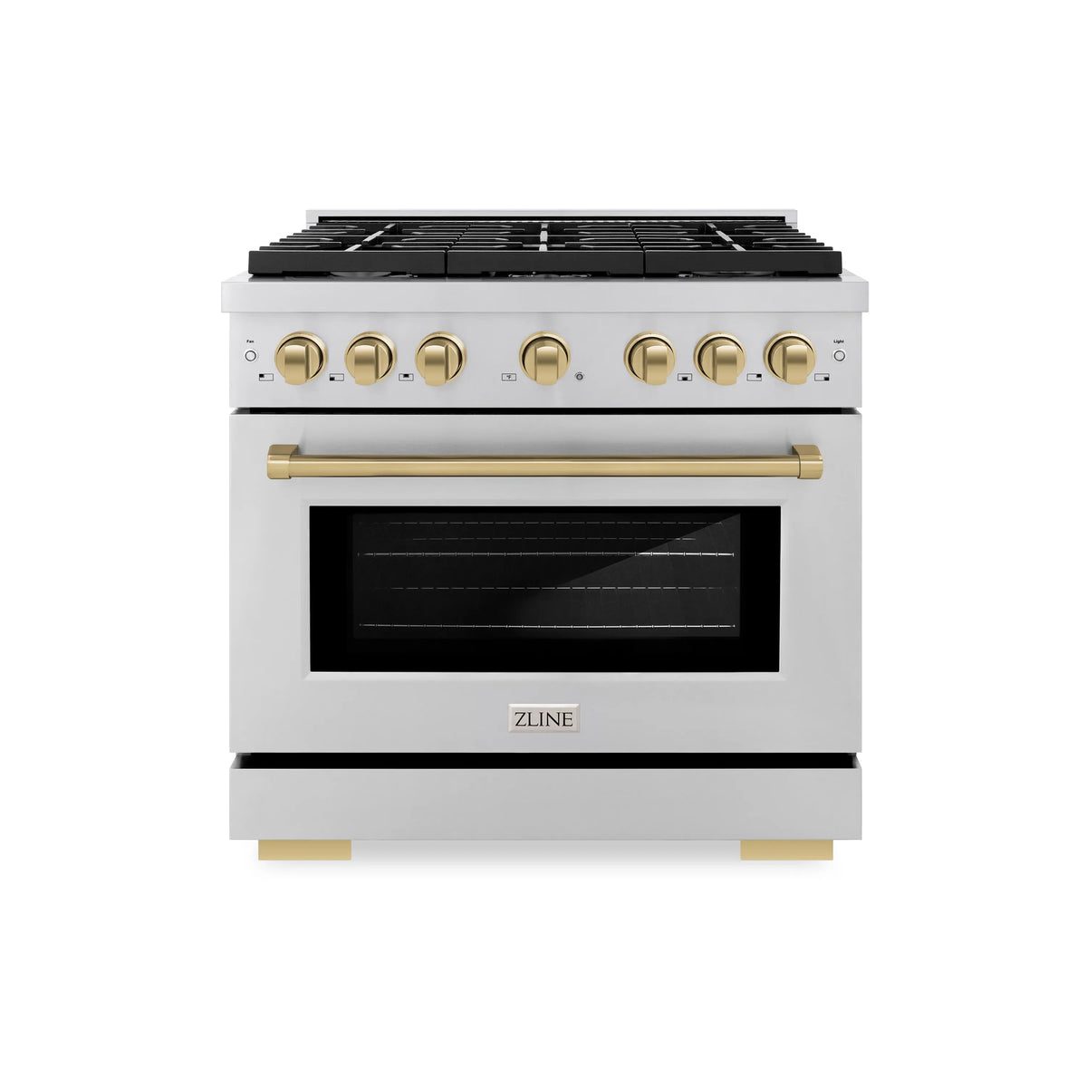 ZLINE 4-Piece Appliance Package - 36-Inch Paramount Gas Range, Refrigerator, Dishwasher, and 24-Inch Microwave Drawer in Stainless Steel with Champagne Bronze Accents