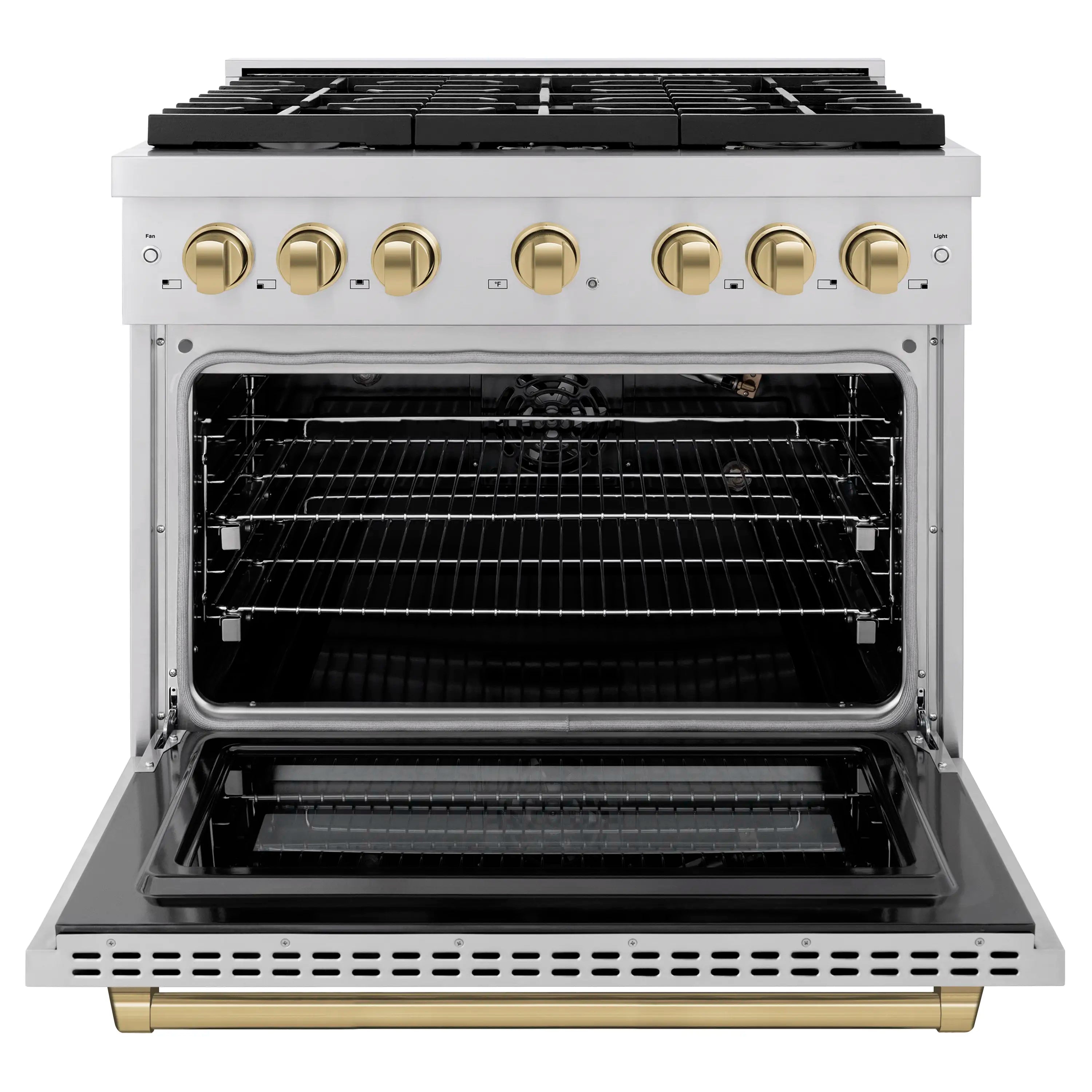 Gas oven with open door, racks, and black interior with champagne bronze handle