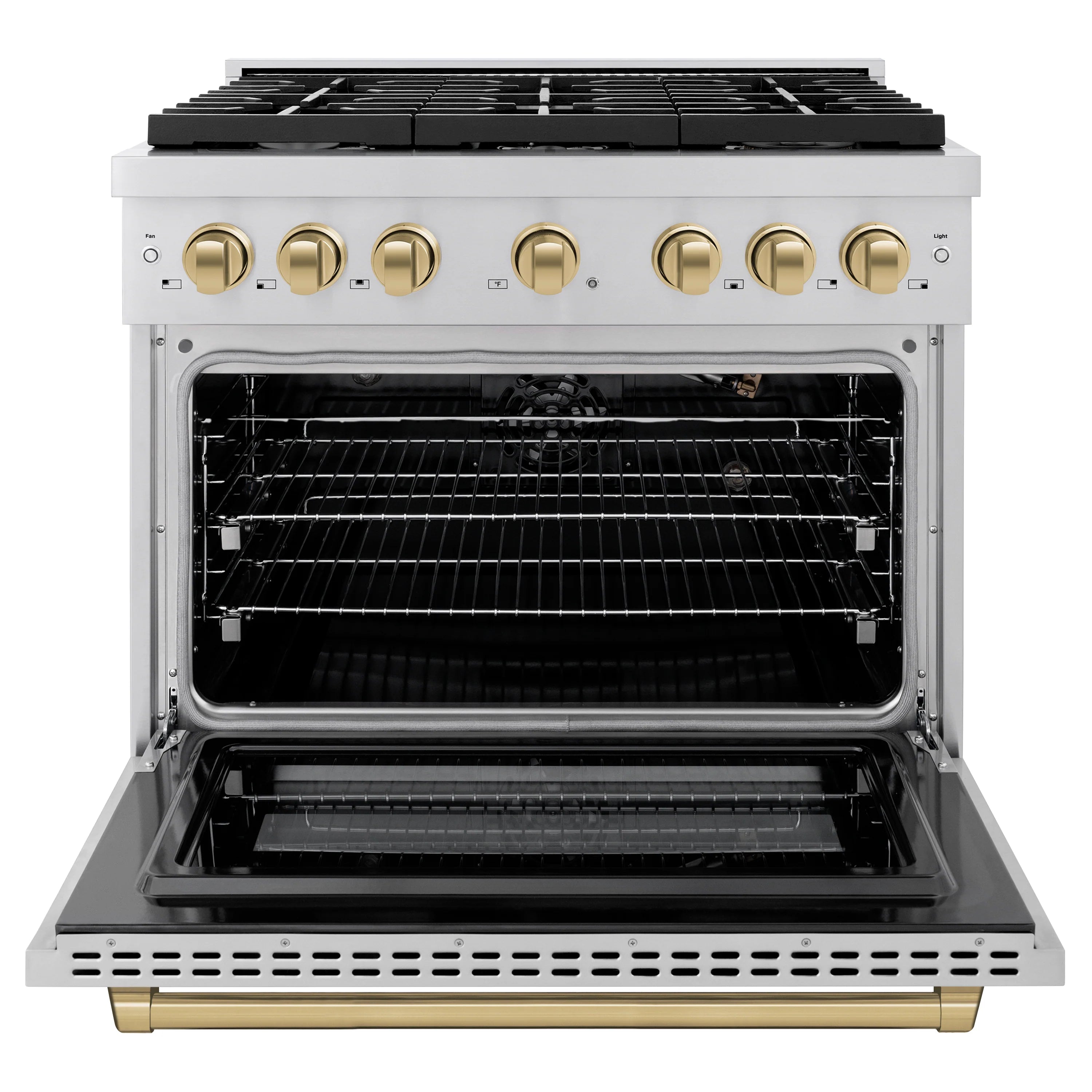 Gas range with oven door open, showing racks inside and champagne bronze trim