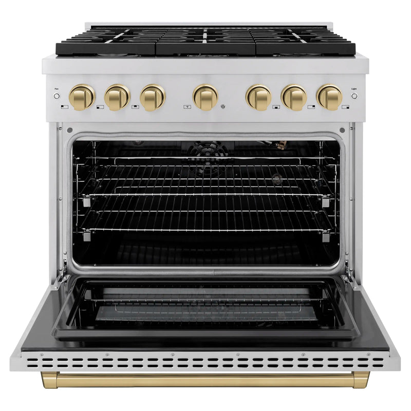 ZLINE Autograph Edition 36-Inch Gas Range with 6 Gas Burners and 5.2 cu. ft. Convection Gas Oven in Stainless Steel and Champagne Bronze Accents (SGRZ-36-CB)