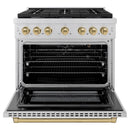 ZLINE 5-Piece Appliance Package - 36-Inch Paramount Autograph Gas Range, Wall Mount Range Hood, 36-Inch French Door Refrigerator with Water Dispenser, Dishwasher, and 30-Inch Microwave Drawer in Stainless Steel with Champagne Bronze Accents