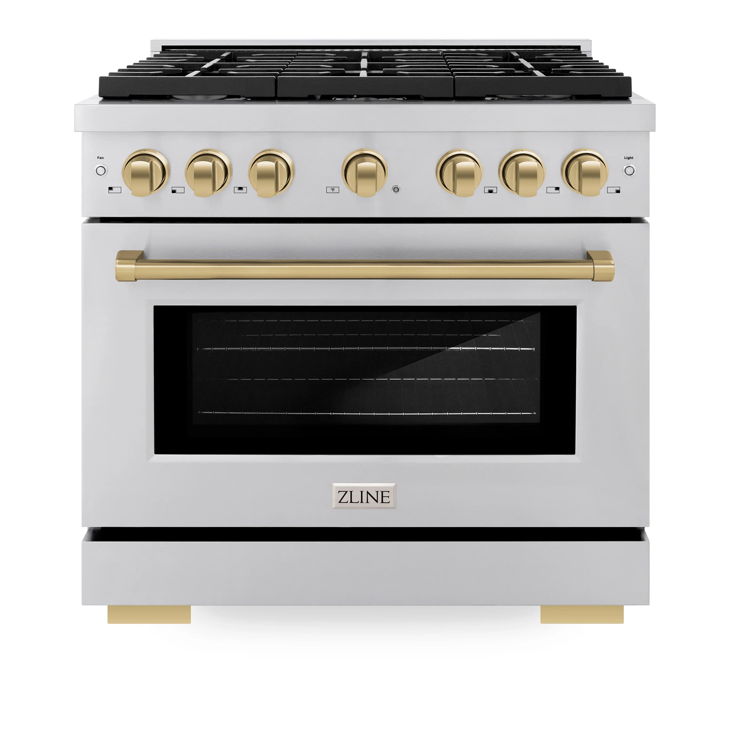 36-inch stainless steel gas range with black cooktop, gold knobs, and oven door