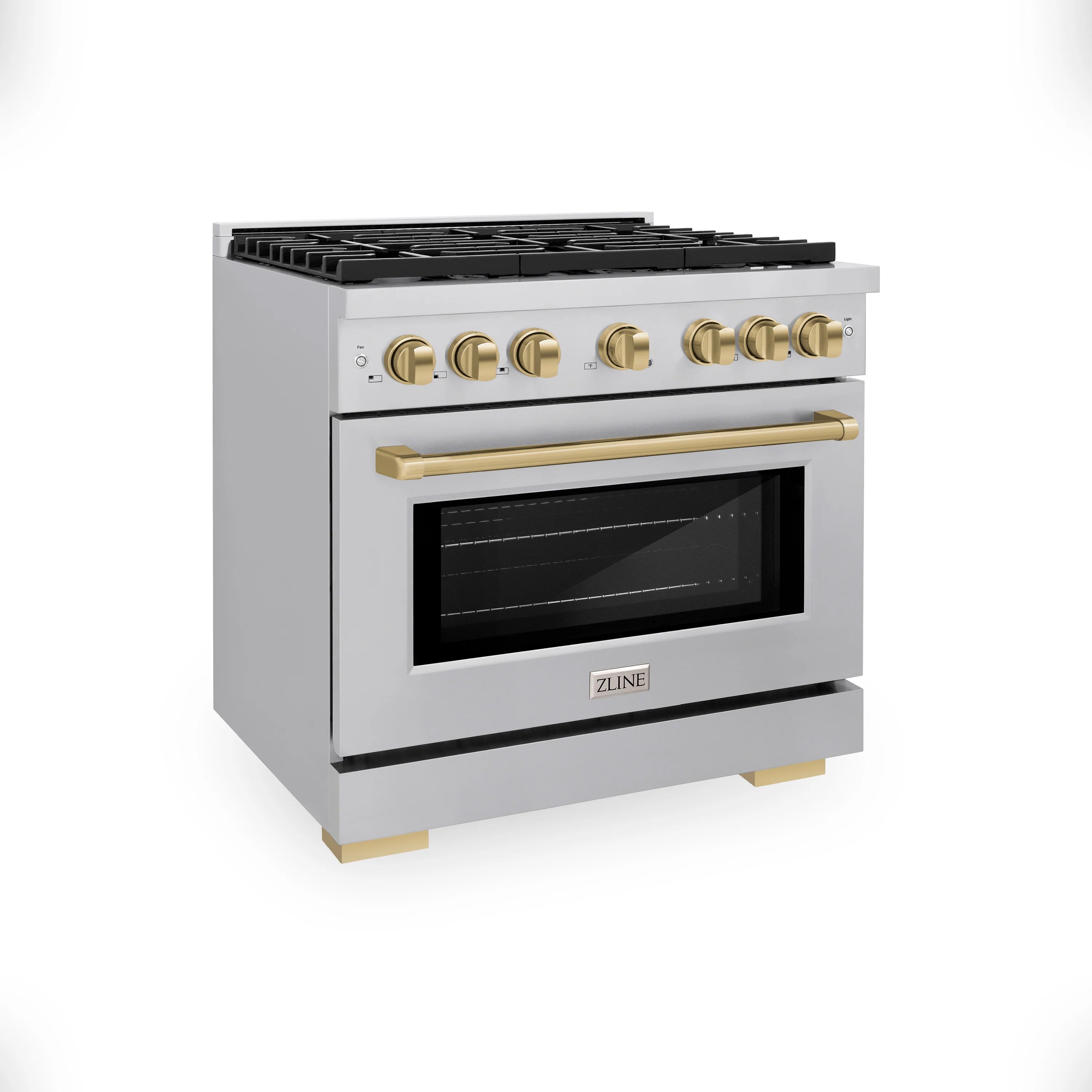 White gas range front corner view with black cooktop and champagne bronze accents