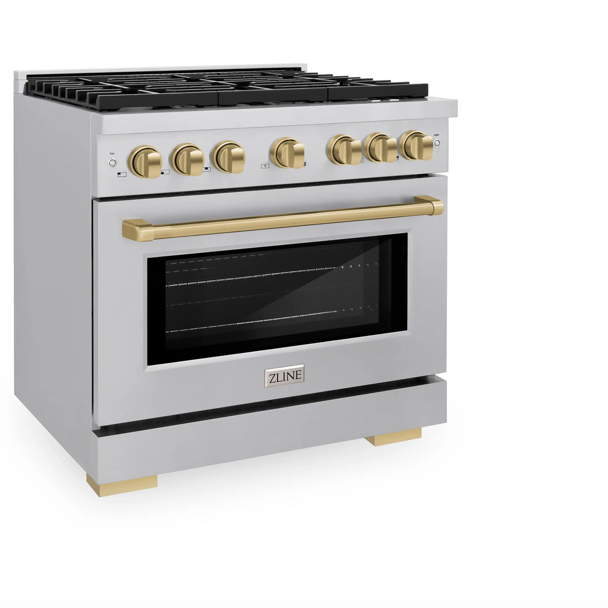 Stainless gas range with champagne bronze handle, front knobs, and black oven window