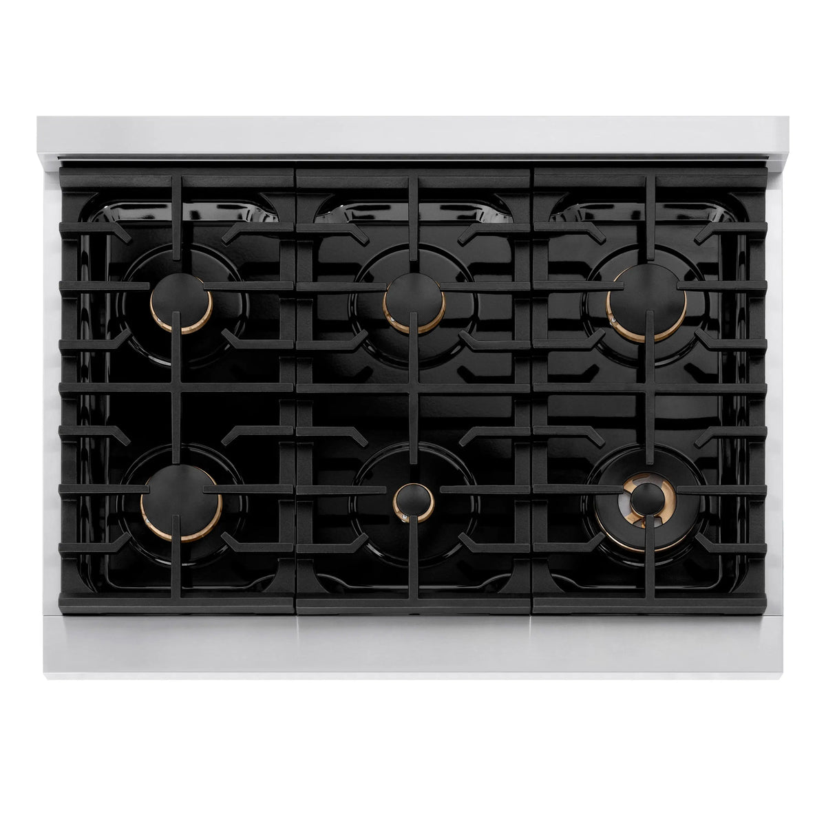 Gas cooktop with six black burners and circular grates