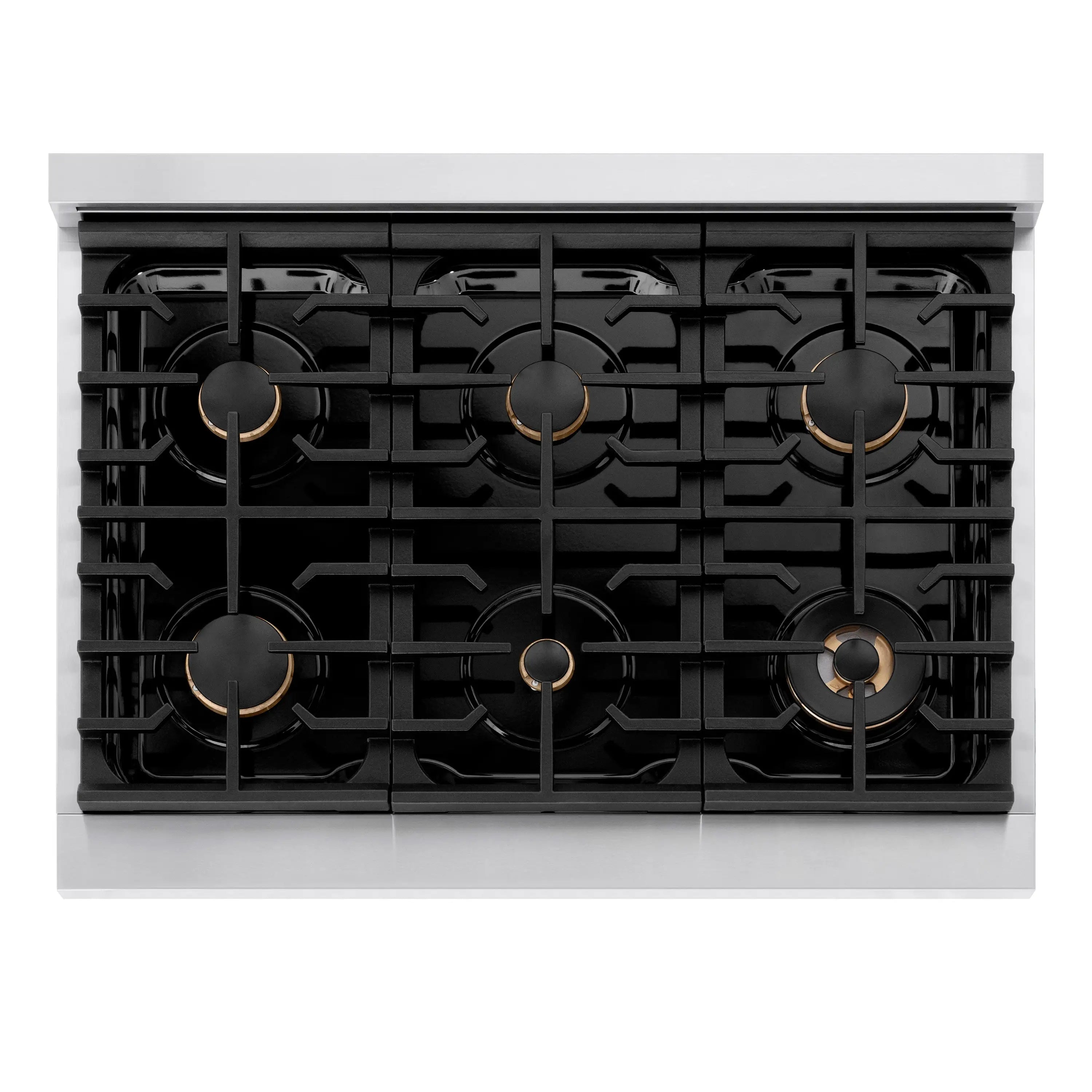 Black gas cooktop with six burners and champagne bronze ring accents