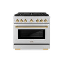 ZLINE 5-Piece Appliance Package - 36-Inch Paramount Autograph Gas Range, Wall Mount Range Hood, 36-Inch French Door Refrigerator with Water Dispenser, Dishwasher, and 30-Inch Microwave Drawer in Stainless Steel with Gold Accents