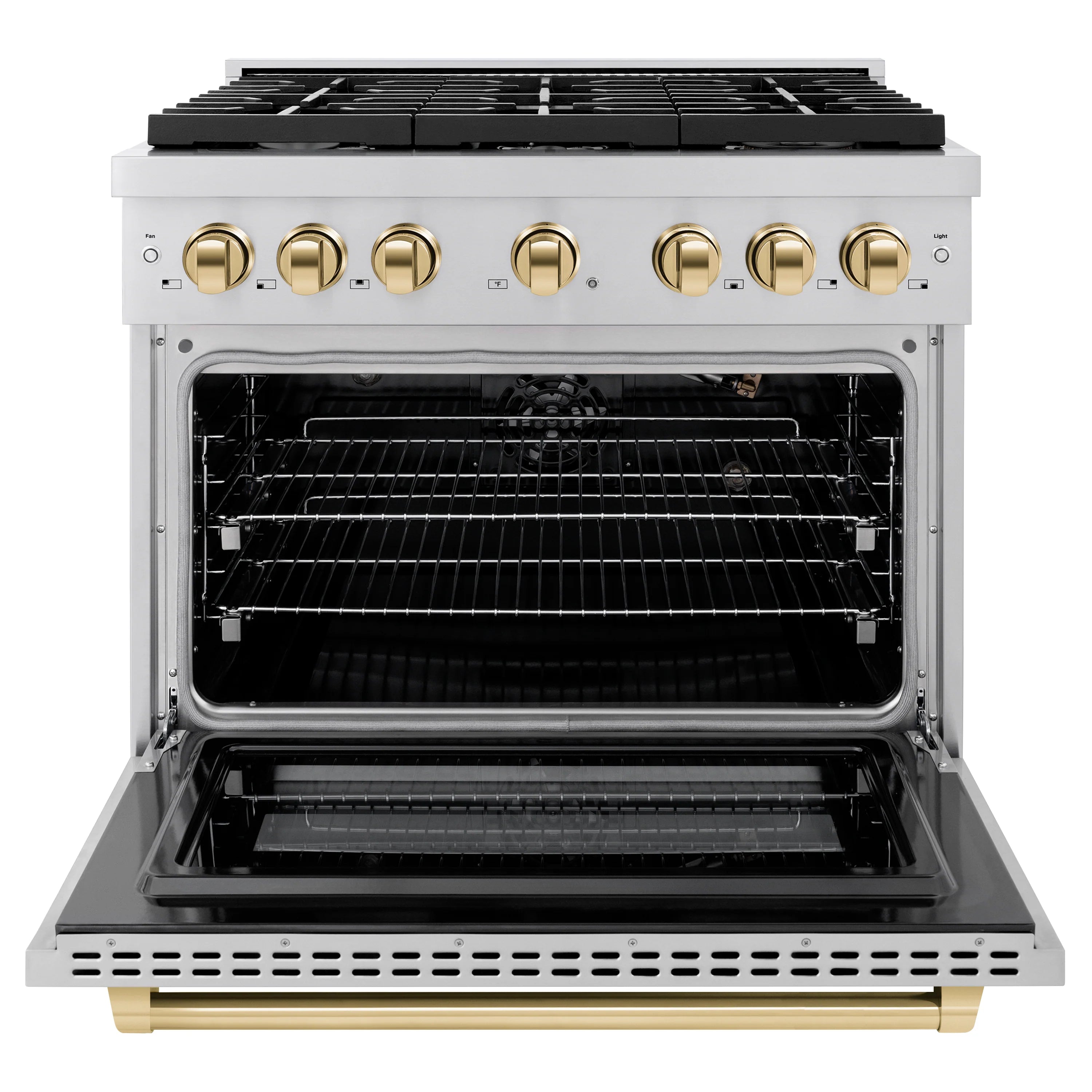 Stainless steel gas range with oven door open and front control panel