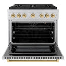 ZLINE 5-Piece Appliance Package - 36-Inch Paramount Autograph Gas Range, Wall Mount Range Hood, 36-Inch French Door Refrigerator with Water Dispenser, Dishwasher, and 30-Inch Microwave Drawer in Stainless Steel with Gold Accents