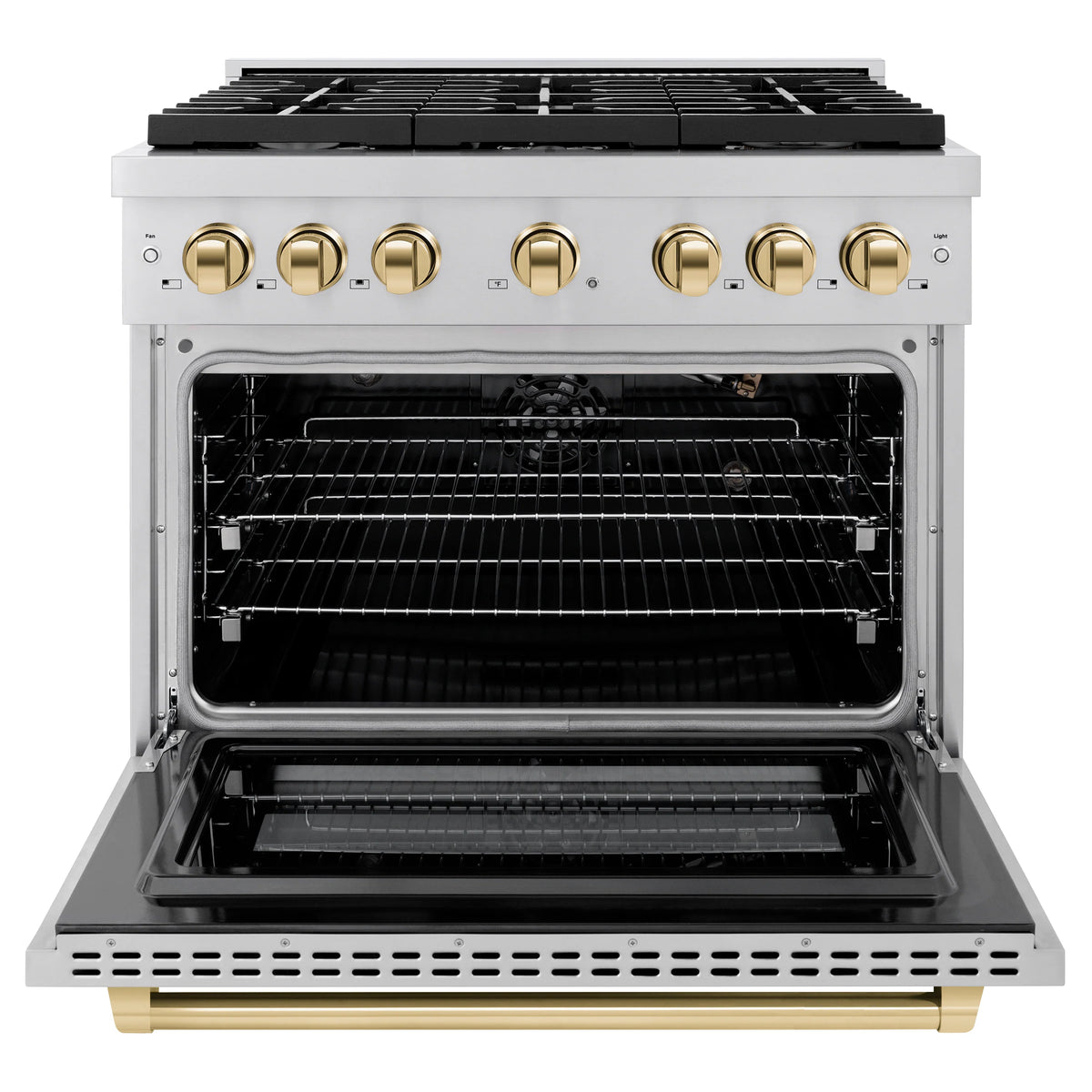 Stainless gas oven with racks and black interior, gold-trimmed handle