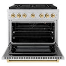 ZLINE Autograph Edition 2-Piece Appliance Package - 36-Inch Gas Range & Wall Mounted Range Hood in Stainless Steel with Gold Trim (2AKP-SGRRH36-G)