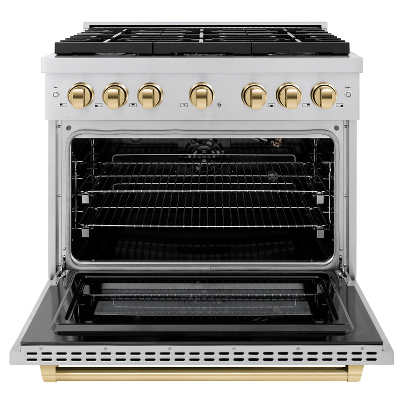 ZLINE Autograph Edition 2-Piece Appliance Package - 36-Inch Gas Range & Wall Mounted Range Hood in Stainless Steel with Gold Trim (2AKP-RGRH36-G)