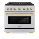 ZLINE Autograph Edition 4-Piece Appliance Package - 36-Inch Gas Range, Refrigerator, Wall Mounted Range Hood, & 24-Inch Tall Tub Dishwasher in Stainless Steel with Gold Trim (4KAPR-SGRRHDWM36-G)