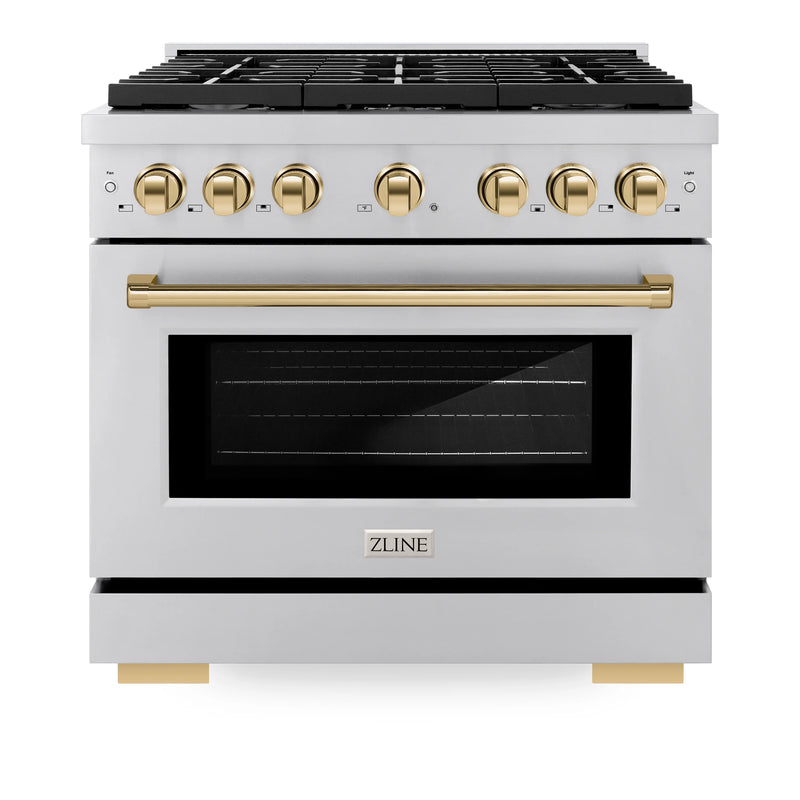 ZLINE Autograph Edition 4-Piece Appliance Package - 36-Inch Gas Range, Refrigerator, Wall Mounted Range Hood, & 24-Inch Tall Tub Dishwasher in Stainless Steel with Gold Trim (4KAPR-RGRHDWM36-G)