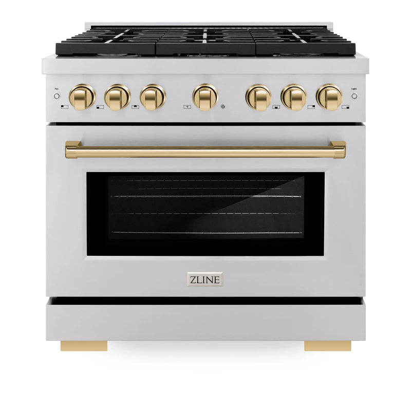 ZLINE Autograph Edition 2-Piece Appliance Package - 36-Inch Gas Range & Wall Mounted Range Hood in Stainless Steel with Gold Trim (2AKP-RGRH36-G)