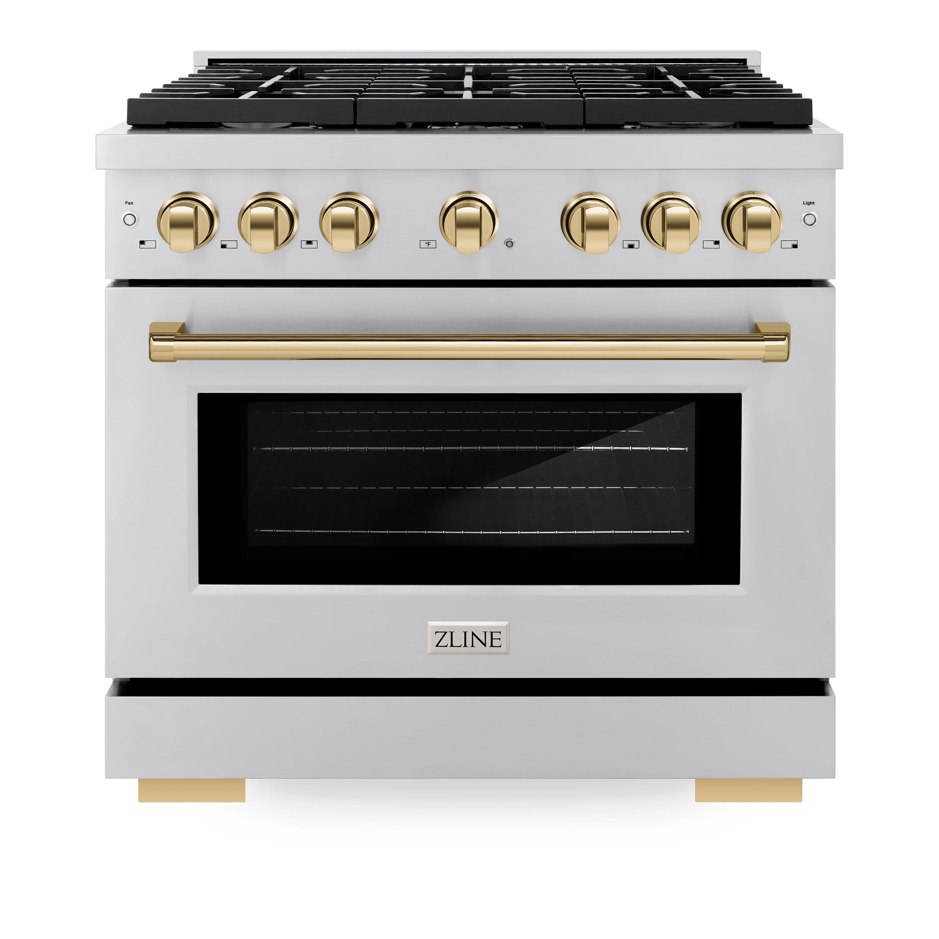 Stainless steel 36-inch gas range with gold knobs and handle