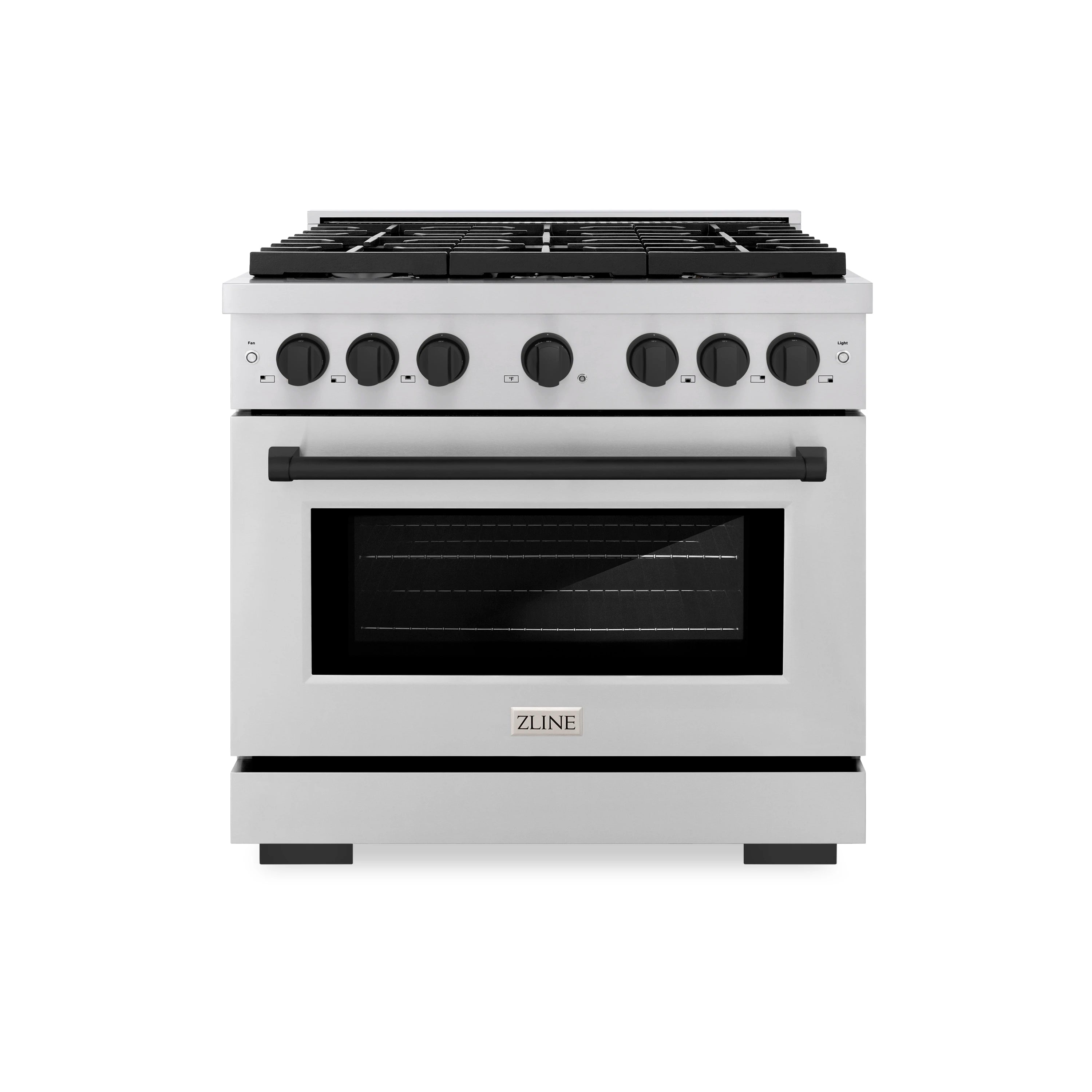 Stainless gas range with matte black cooktop grates, control knobs, and oven door