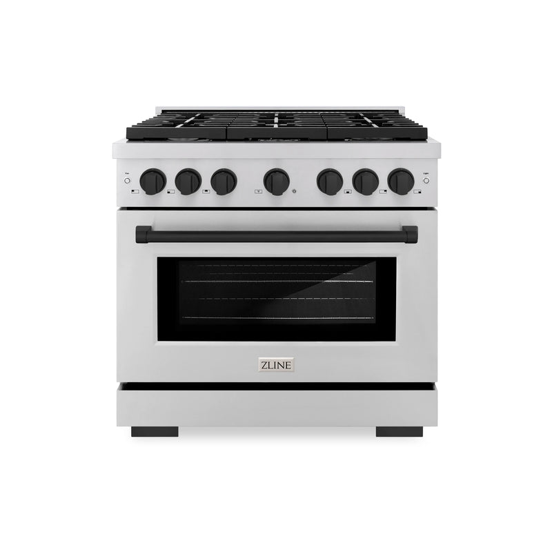 ZLINE Autograph Edition 36-Inch Paramount Gas Range with 6 Gas Burners and 5.2 cu. ft. Convection Gas Oven in Stainless Steel and Matte Black Accents (SGRZ-36-MB)