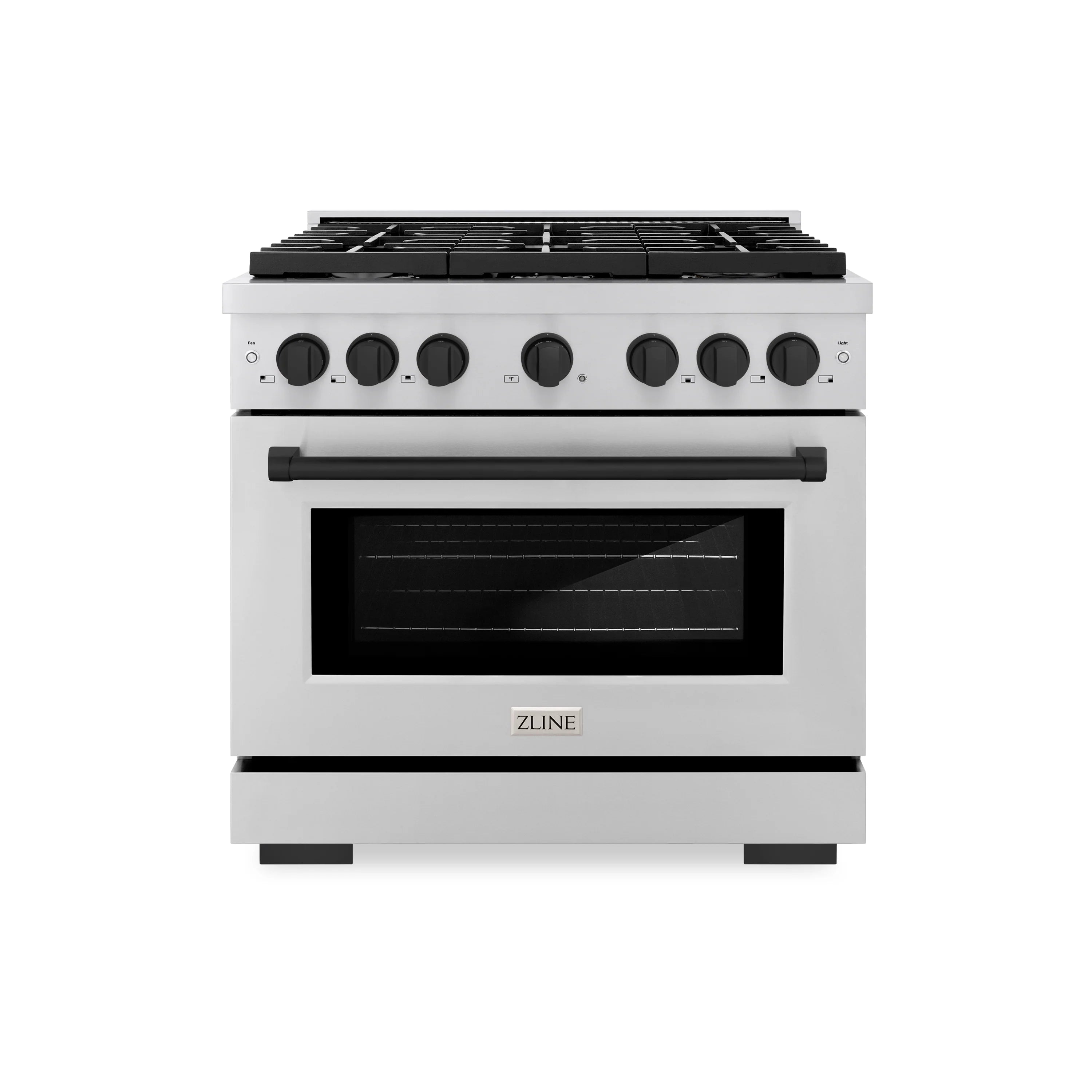 Stainless front gas range with black cooktop grates, burner knobs, and viewing window