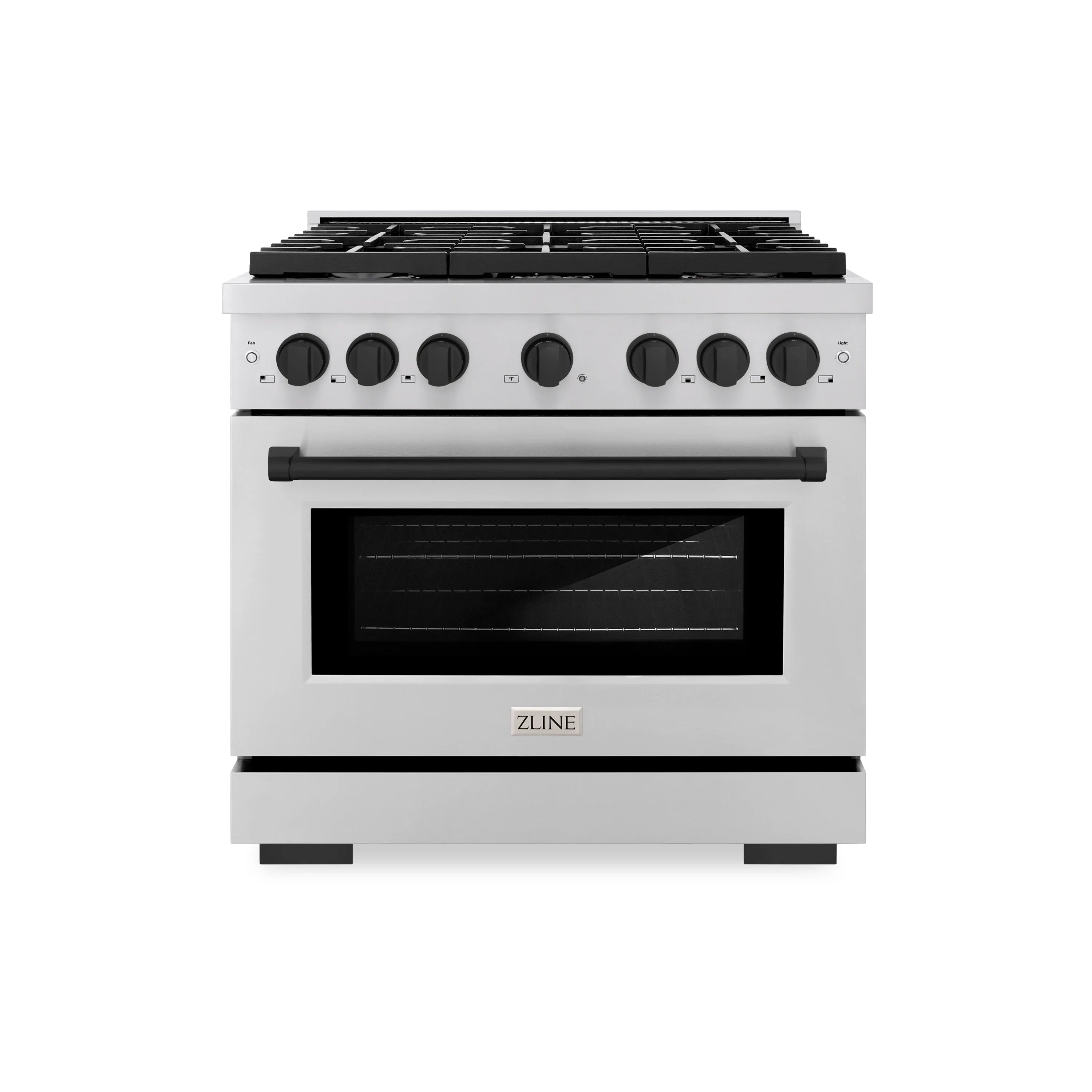 Stainless steel gas range with black grates and oven door with matte black accents
