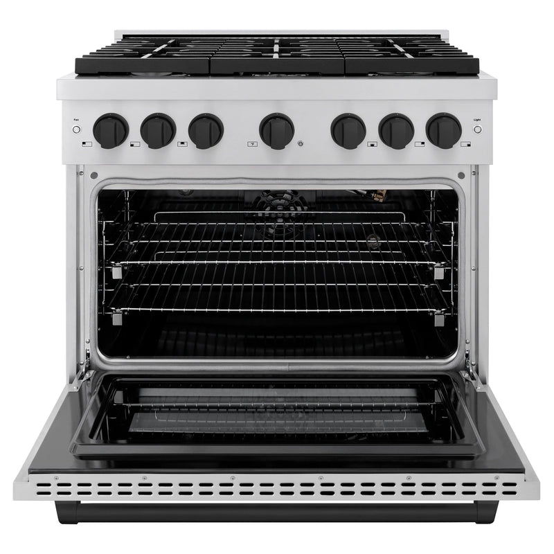 ZLINE Autograph Edition 2-Piece Appliance Package - 36-Inch Gas Range & Wall Mounted Range Hood in Stainless Steel with Matte Black Trim (2AKP-RGRH36-MB)