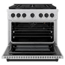 ZLINE 5-Piece Appliance Package - 36-Inch Paramount Autograph Gas Range, Wall Mount Range Hood, 36-Inch French Door Refrigerator with Water Dispenser, Dishwasher, and 30-Inch Microwave Drawer in Stainless Steel with Matte Black Accents