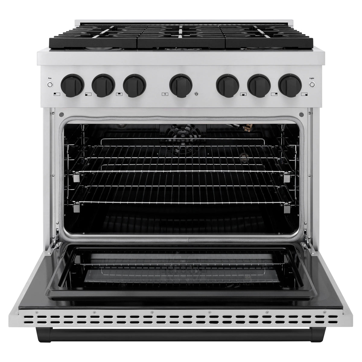 Gas range with oven door open, racks inside, and stainless frame