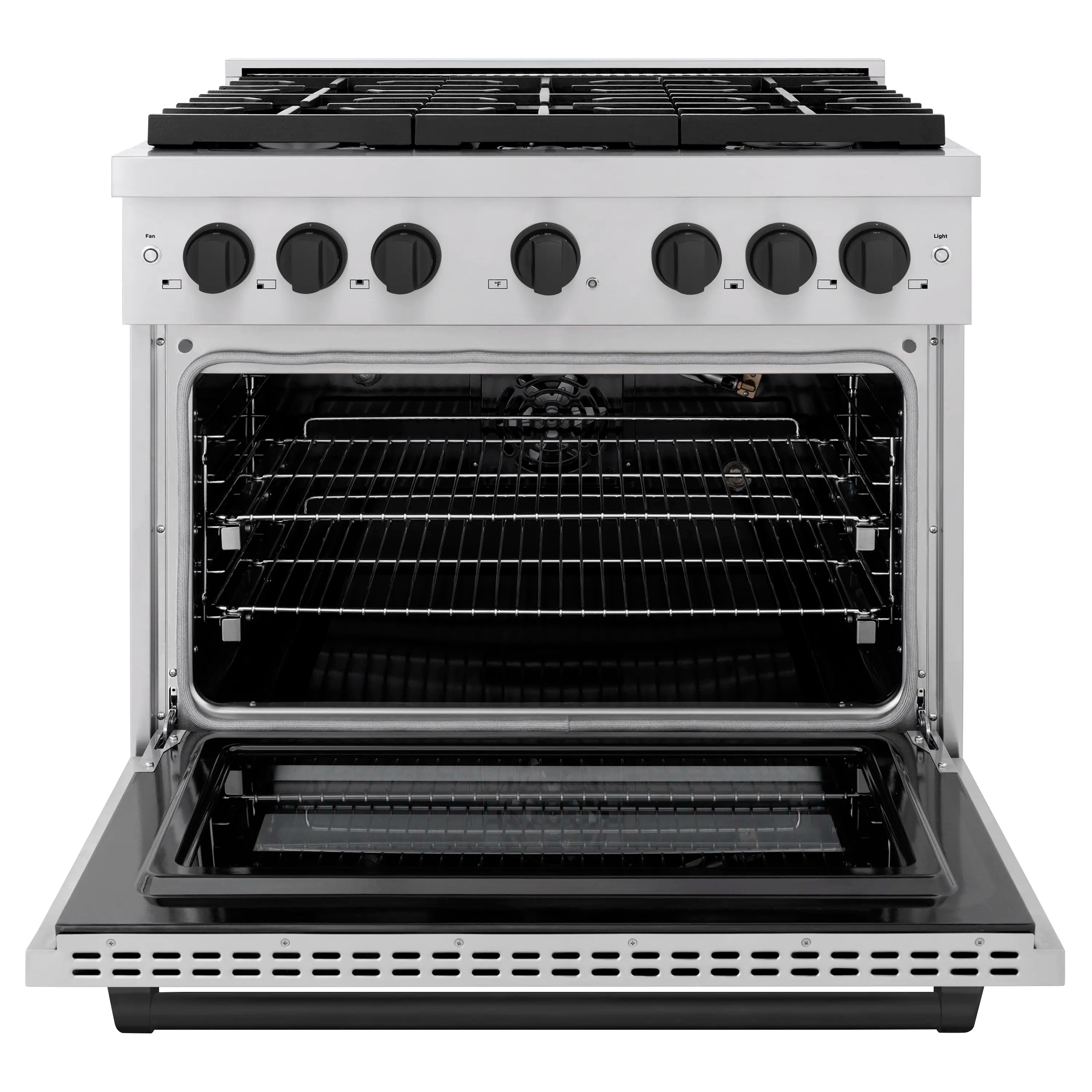 Stainless gas range with oven door open showing racks and black interior