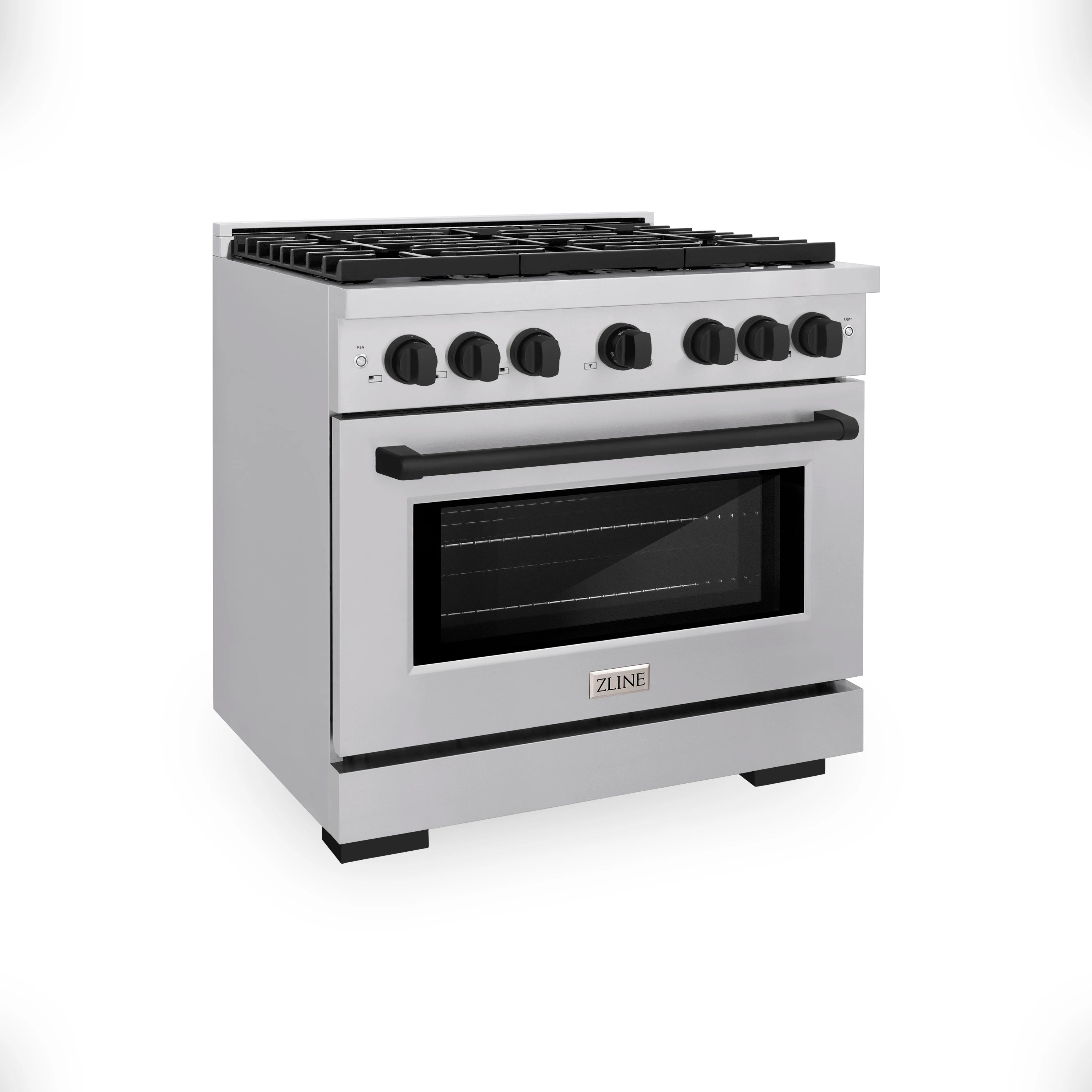 Stainless gas range with matte black cooktop grates and front control panel