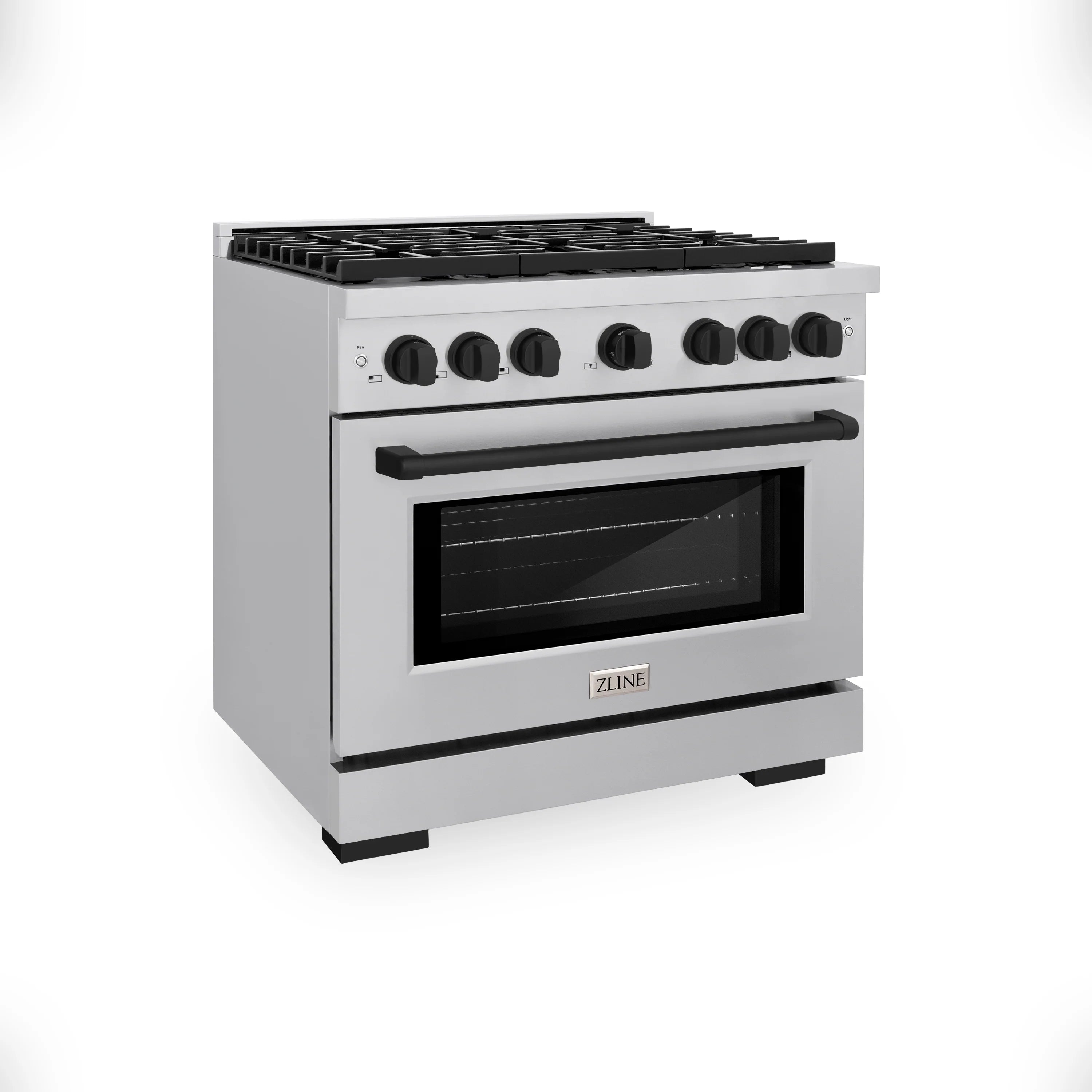 Freestanding gas range with black control knobs and oven window