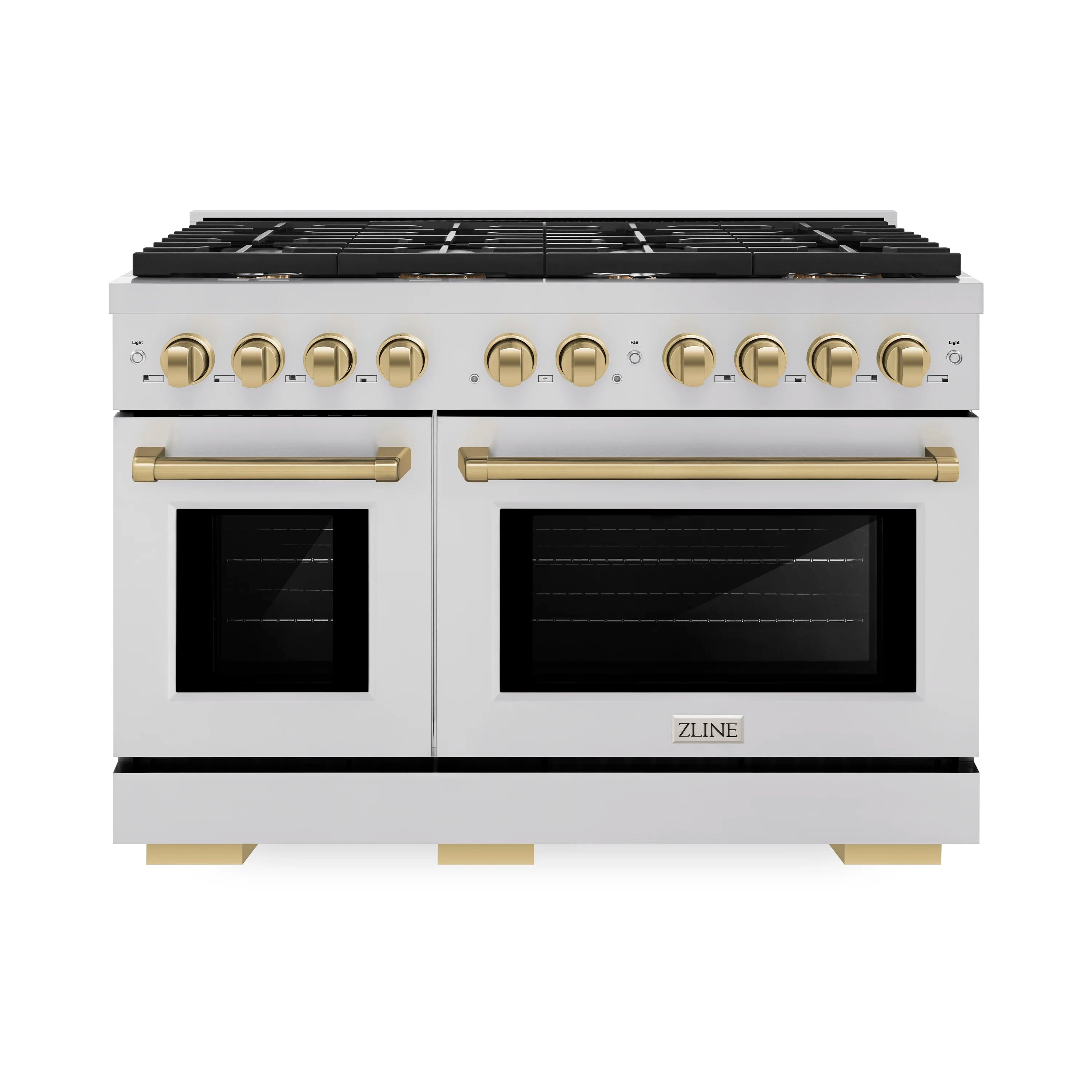 Stainless steel gas range with dual ovens, black cooktop grates, and bronze control knobs