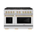 ZLINE 5-Piece Appliance Package - 48-Inch Paramount Autograph Gas Range, Wall Mount Range Hood, 36-Inch French Door Refrigerator, Dishwasher, and 30-Inch Microwave Drawer in Stainless Steel with Champagne Bronze Accents