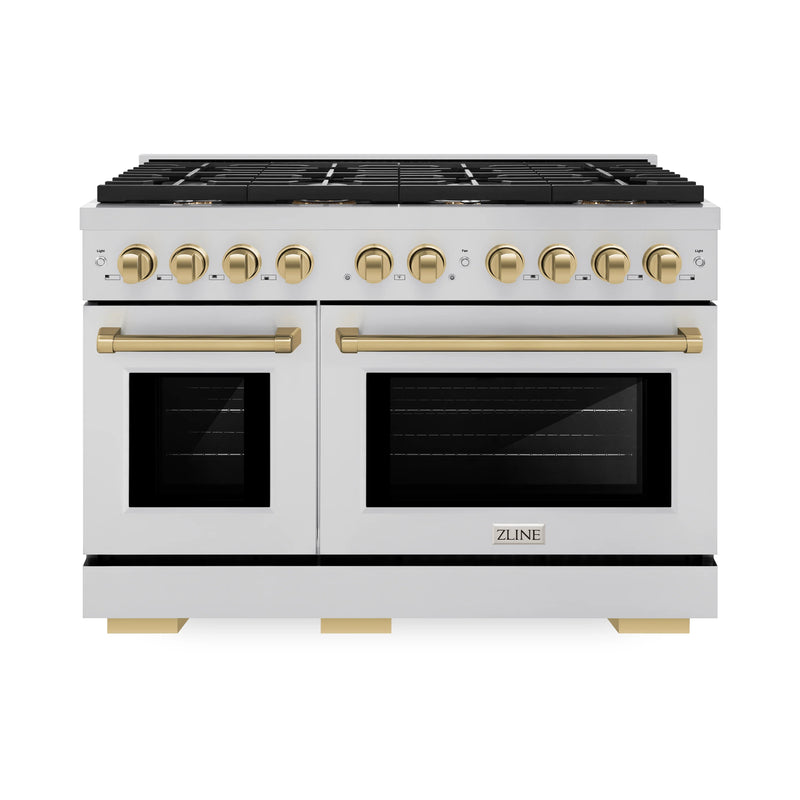 ZLINE Autograph Edition 2-Piece Appliance Package - 48-Inch Gas Range & Wall Mounted Range Hood in Stainless Steel with Champagne Bronze Trim (2AKPR-RGRH48-CB)